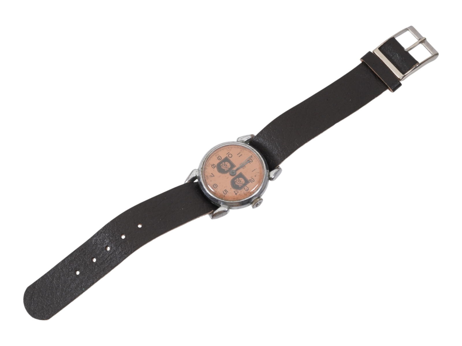 WWII NAZI GERMAN WAFFEN SS TOTENKOPF WRISTWATCH: A WWII Nazi German Waffen-SS Totenkopf wristwatch, featuring two Totenkopf insignia on the dial, a symbol associated with SS Totenkopf units. Second World War Nazi German Militaria And Third Reich Col