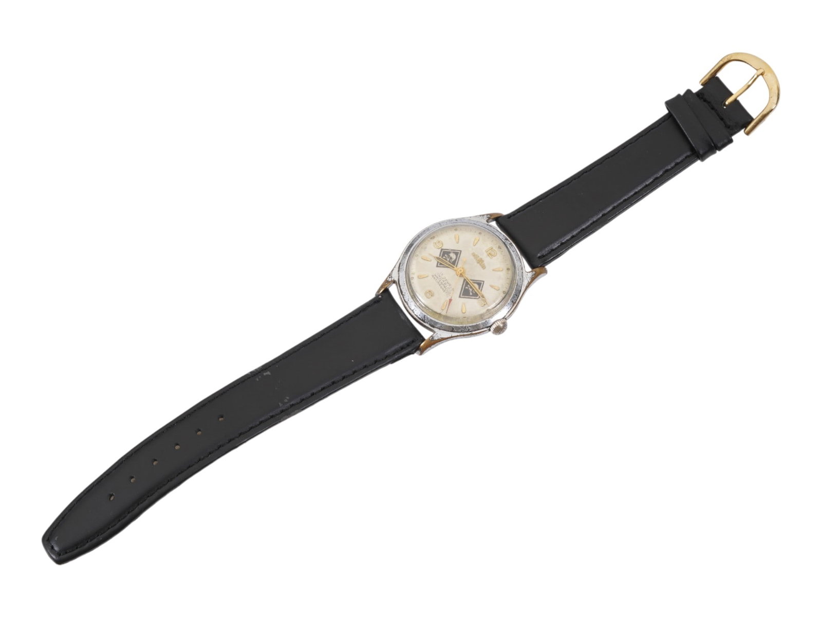 WWII NAZI GERMAN WAFFEN SS HITLERJUGEND WRISTWATCH: A WWII Nazi German Waffen-SS Hitlerjugend Division wristwatch, manufactured by Delbana, a Swiss watch company active during the period. The dial features two Totenkopf insignia, a motif associated wit