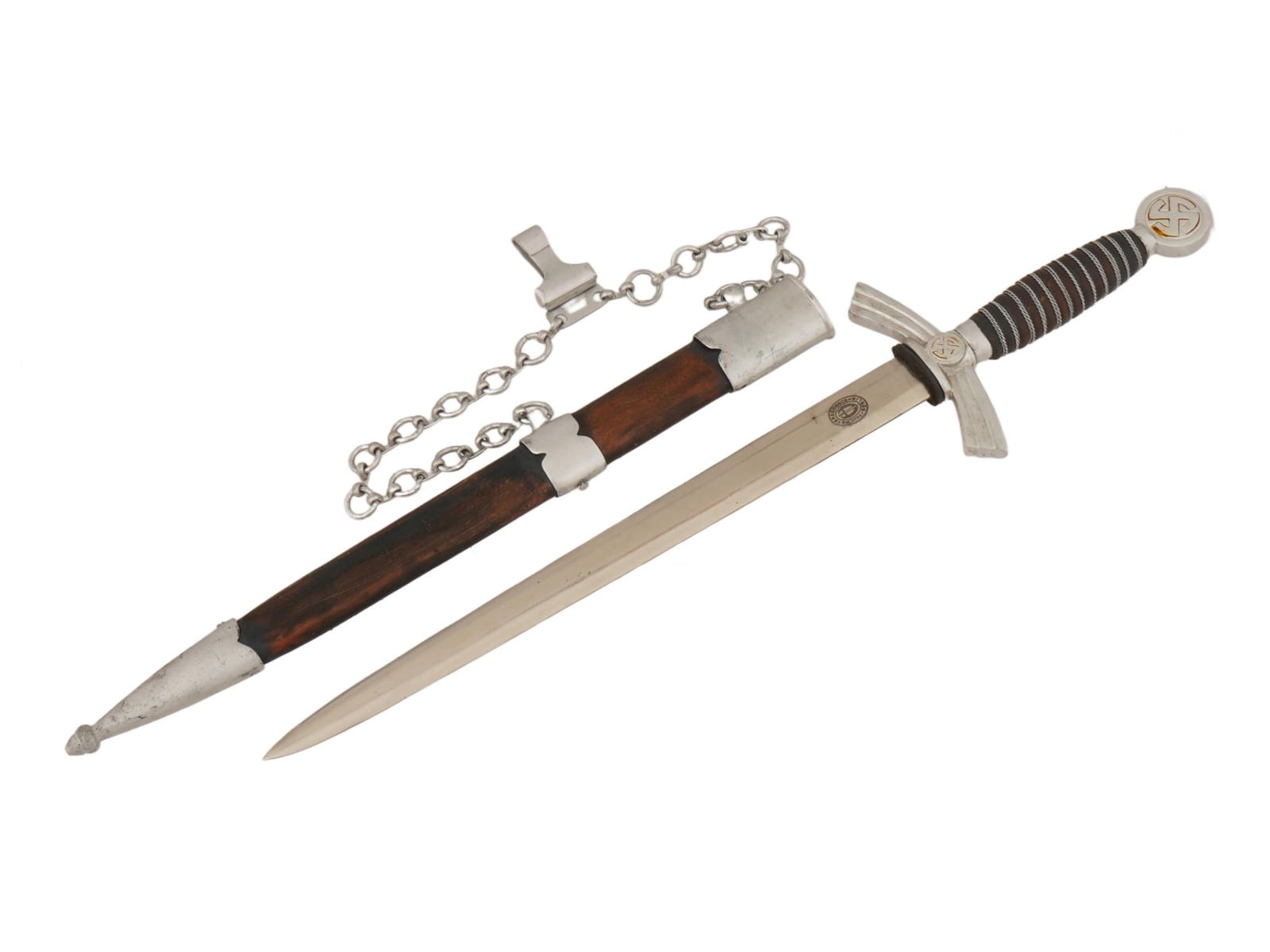 WWII TYPE NAZI GERMAN LUFTWAFFE DAGGER WITH CHAIN: A World War II type Nazi German Luftwaffe officers dagger or miniature sword. First model. Stainless steel straight double-edged blade, marked Paul Weyersberg and Co. Berlin. Twisted grip with winged