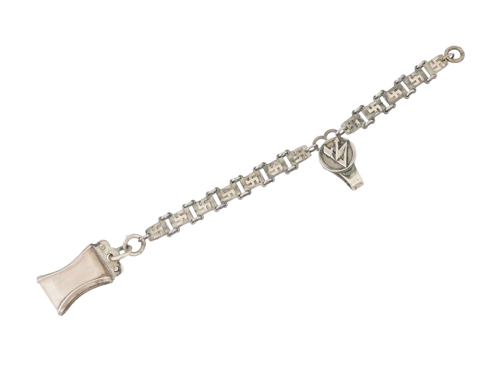 WWII MODEL NAZI GERMAN SA DAGGER CHAIN HANGERS: A World War II model Nazi German metal link chain hangers for the SA dagger. Each link depicts a relief swastika. SA emblem on the suspension. Marked RZM on the backside. Second World War Historical C