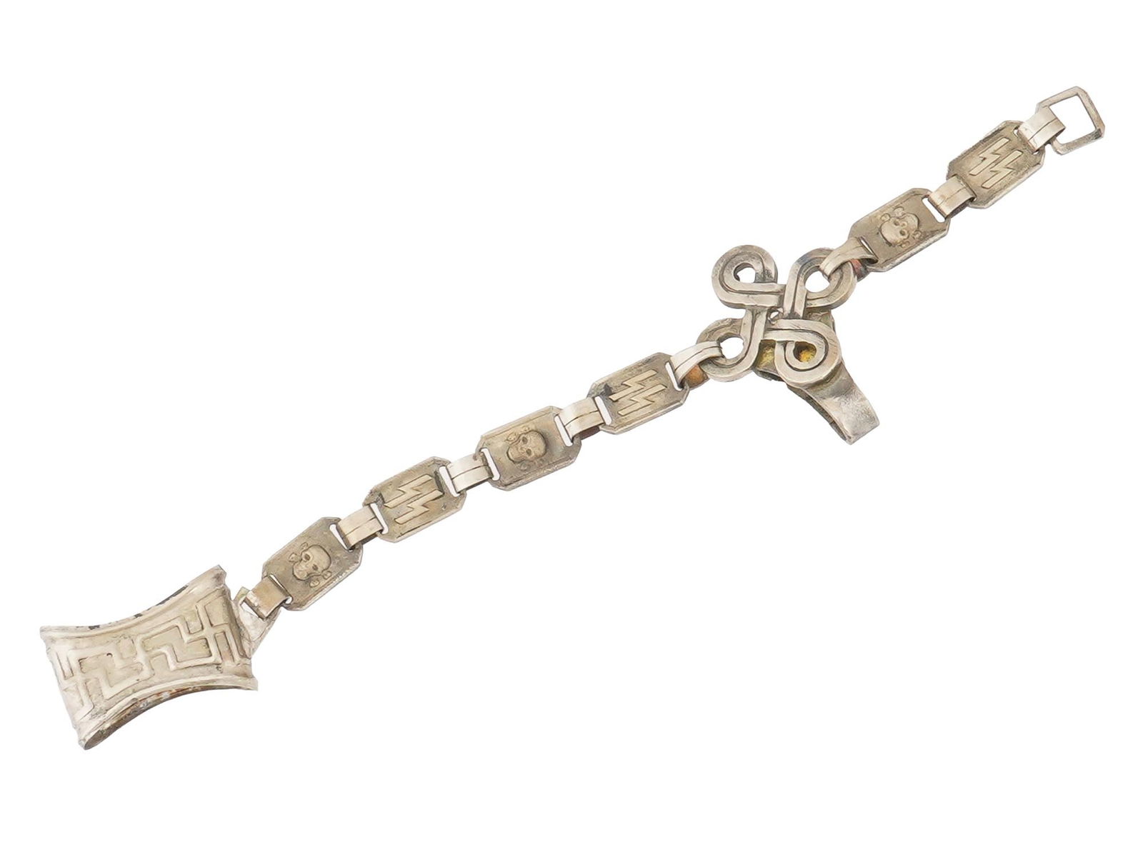 WWII MODEL NAZI GERMAN DAGGER CHAIN HANGERS: A World War II model Nazi German metal link chain hangers for the dagger. Each link features skulls or SS runes. A complex, knotted design connects to a center piece. Second World War Historical Colle