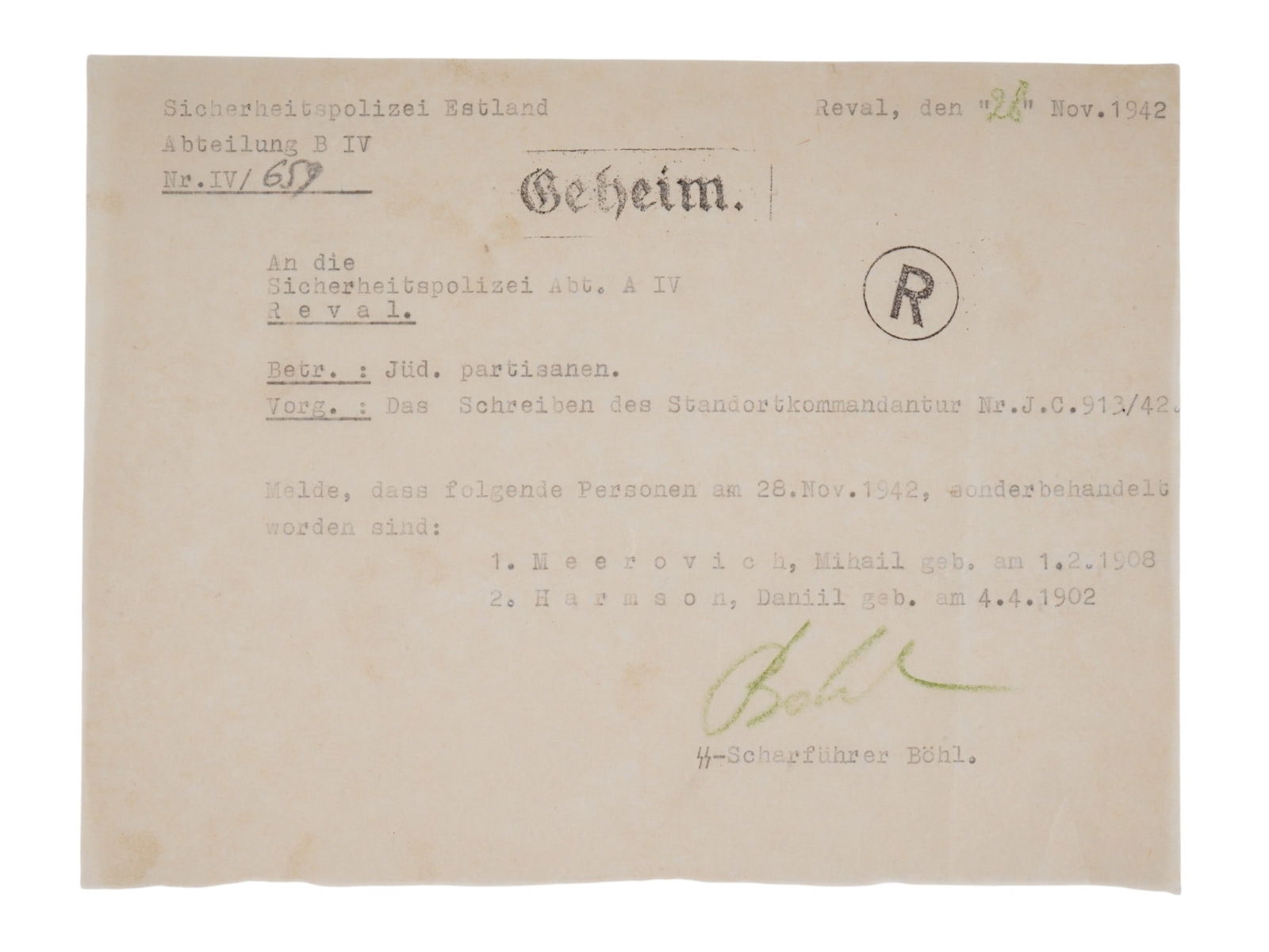 WWII ESTONIAN POLICE SECRET DOCUMENT JEWISH PARTISANS (1 of 2)