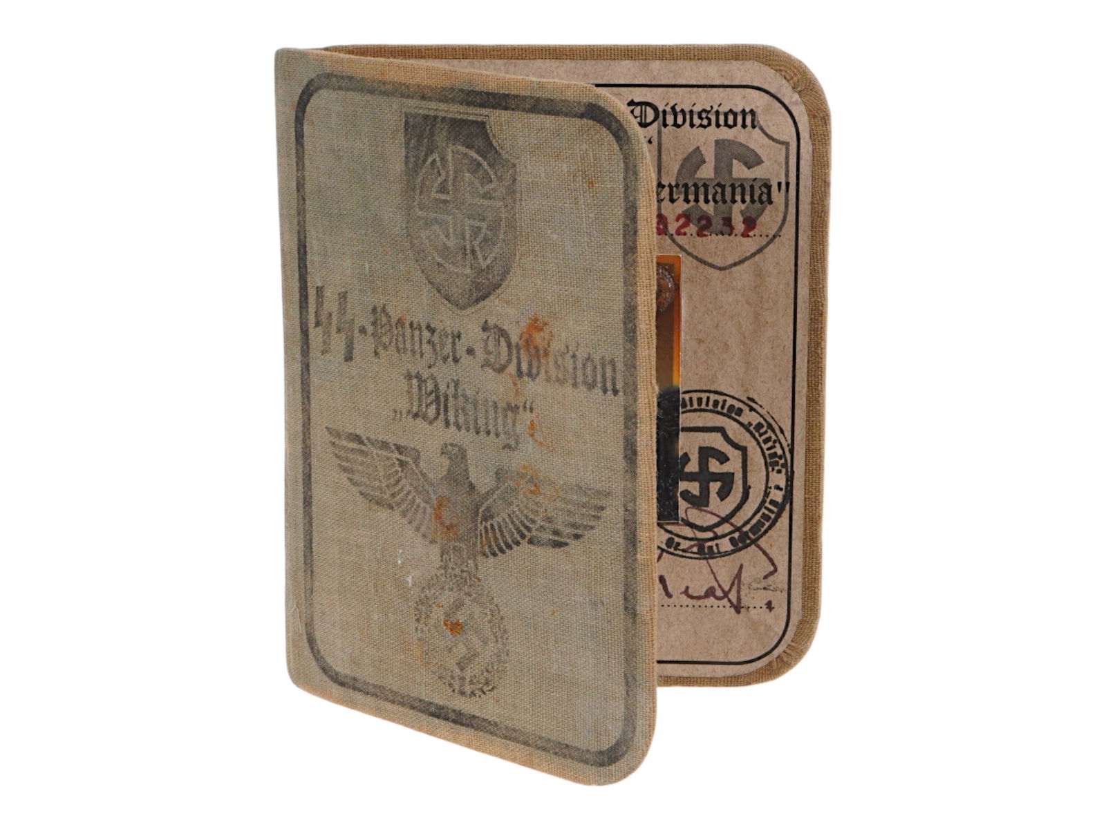 WWII TYPE NAZI GERMAN SS WIKING AUSWEIS ID CARD: A World War II type German military document, SS-Panzer Division Wiking Ausweis, ID card. Issued to Kristian Meier, 1943, with photograph, stamps, and signature. The 5th SS Panzer Division Wiking was