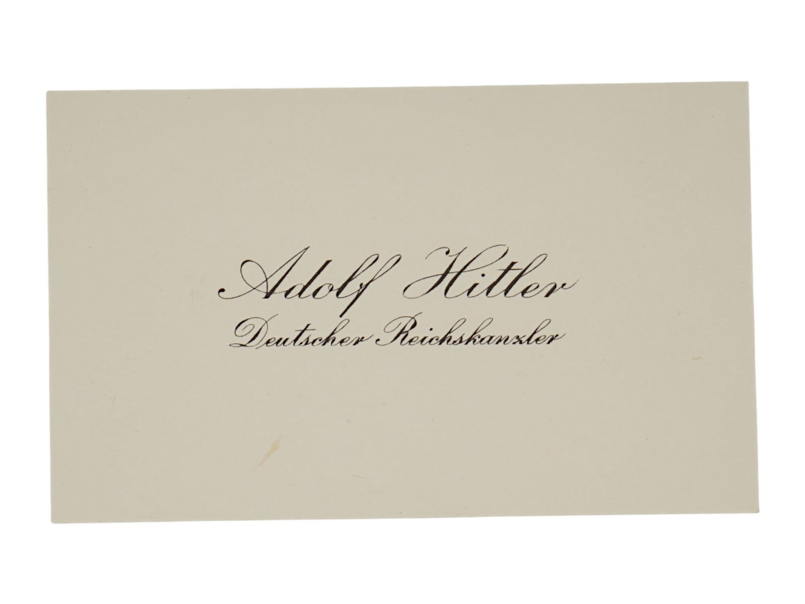 WWII TYPE GERMAN CALLING CARD OF ADOLF HITLER: A World War II type German calling card of Adolf Hitler. On the card, in black ink is written: Adolf Hitler Deutscher Reichskanzler. Second World War Historical Collectibles and Memorabilia, Documents