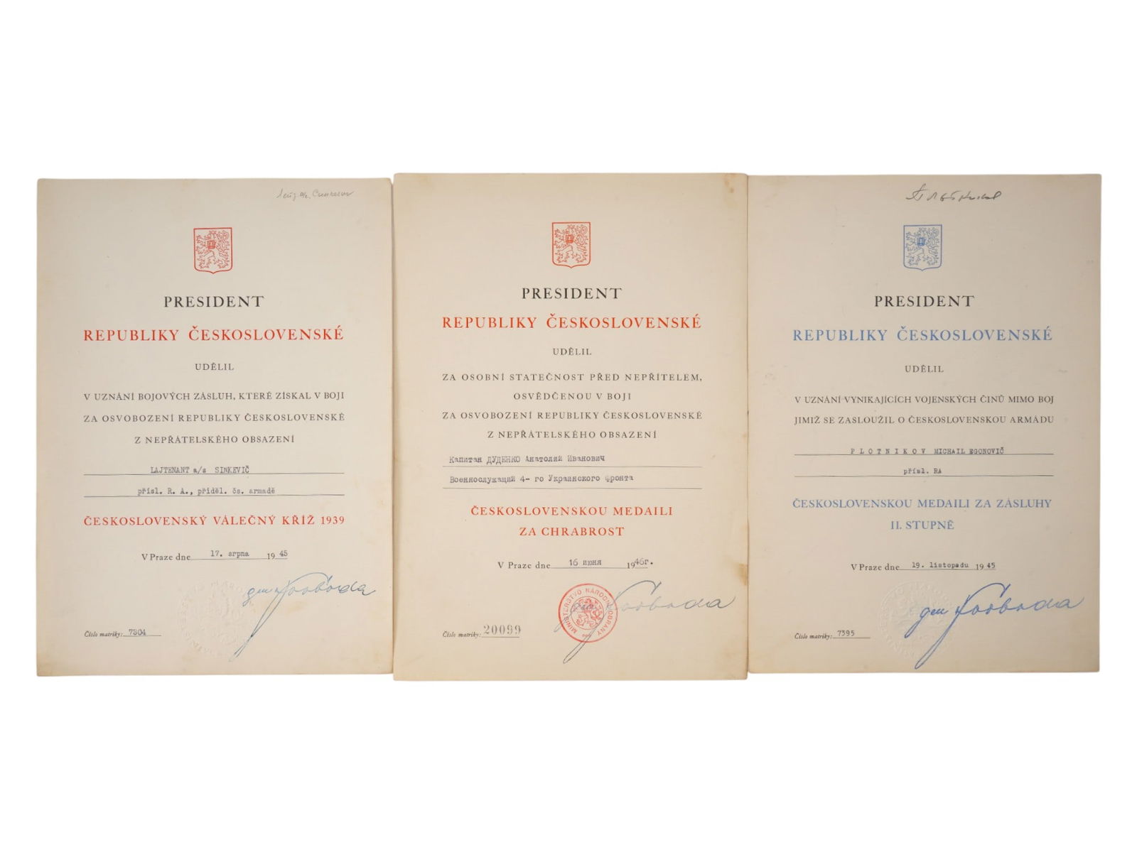 WWII CZECHOSLOVAKIAN RED ARMY AWARDS CITATIONS (1 of 6)