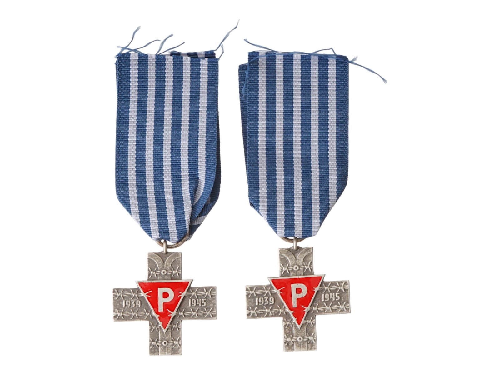 TWO POLISH AUSCHWITZ CROSS MEDALS OF VARIOUS TYPES: A lot of two Polish Auschwitz Cross medals of various types, each in the form of a Greek cross with wide arms. The obverse of both features barbed wire and camp poles, with the years 1939 and 1945 on
