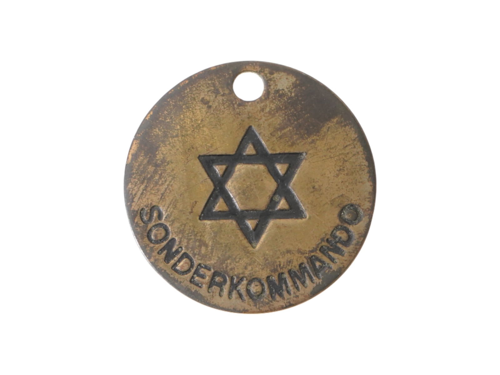 WWII TYPE HOLOCAUST PERIOD SONDERKOMMANDO ID TAG: A German WWII Third Reich military Sonderkommando badge ID tag on a chain. The brass military badge is to be worn around the neck. The front shows the Star of David in the center. It reads Sonderkomma