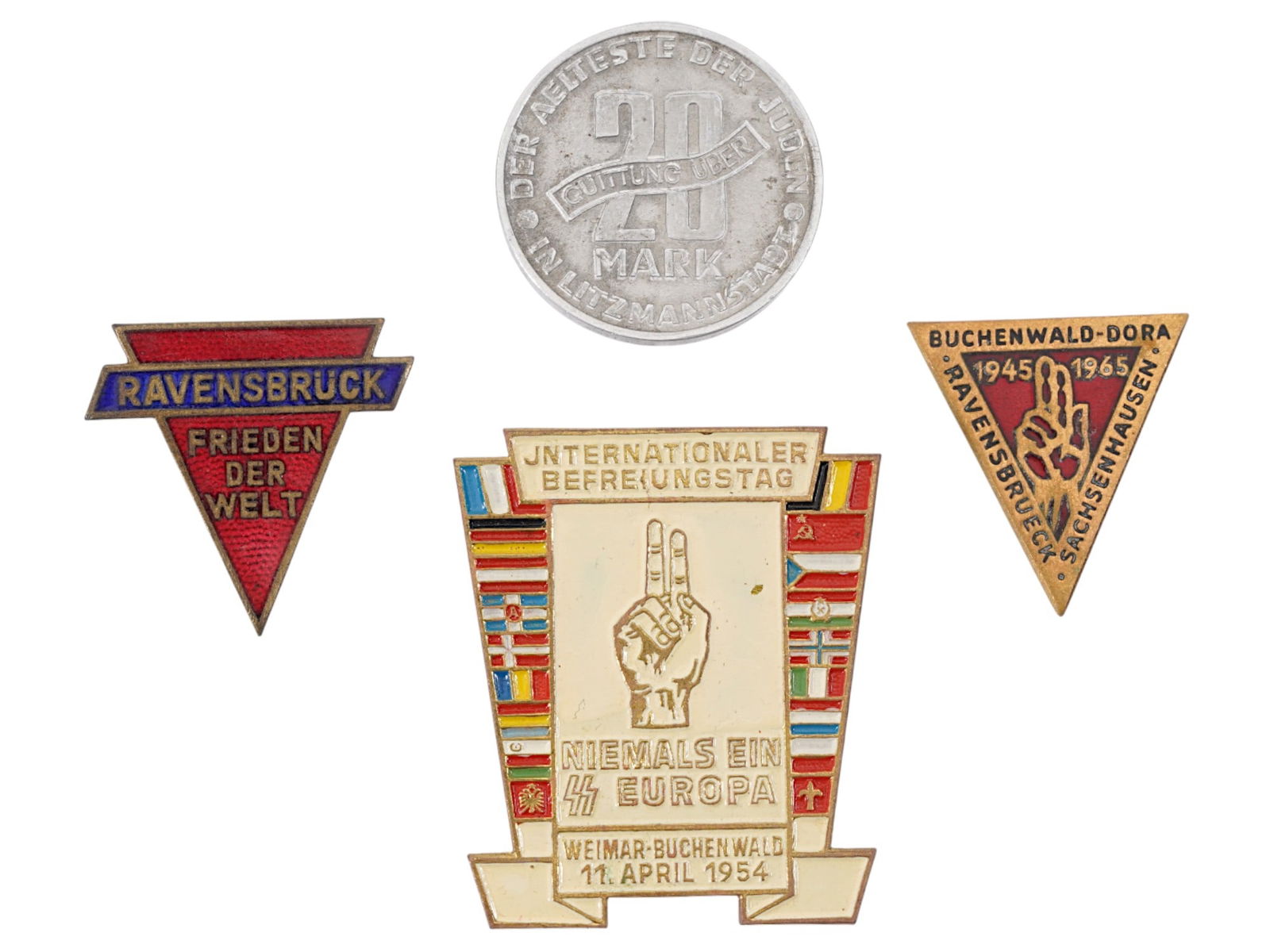GROUP OF FOUR WWII TYPE GERMAN CAMP BADGES AND COIN (1 of 3)