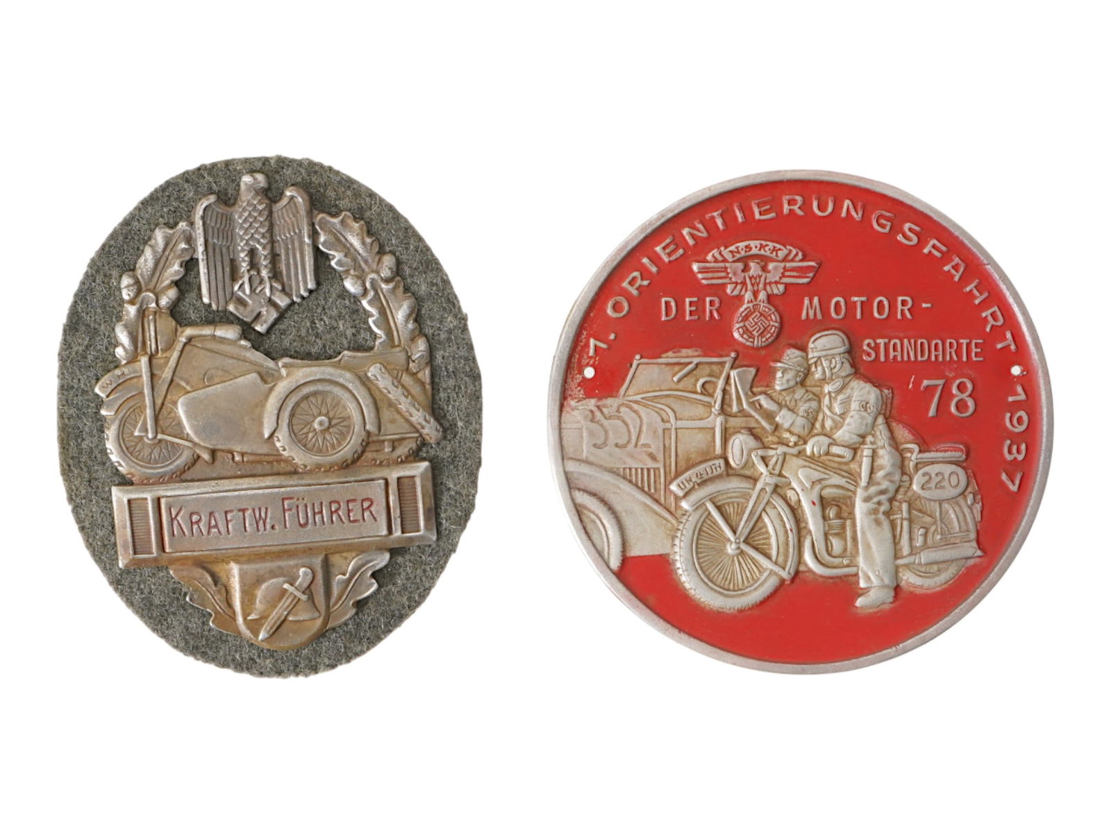 GROUP OF GERMAN WWII TYPE NSKK BIKERS PLAQUE SHIELD: A group of two Nazi German WWII type NSKK items. The lot includes a sleeve shield or qualification patch for Kraftw. Führer Vehicle Driver Motorcyclist was used in the German Army Heer and other para