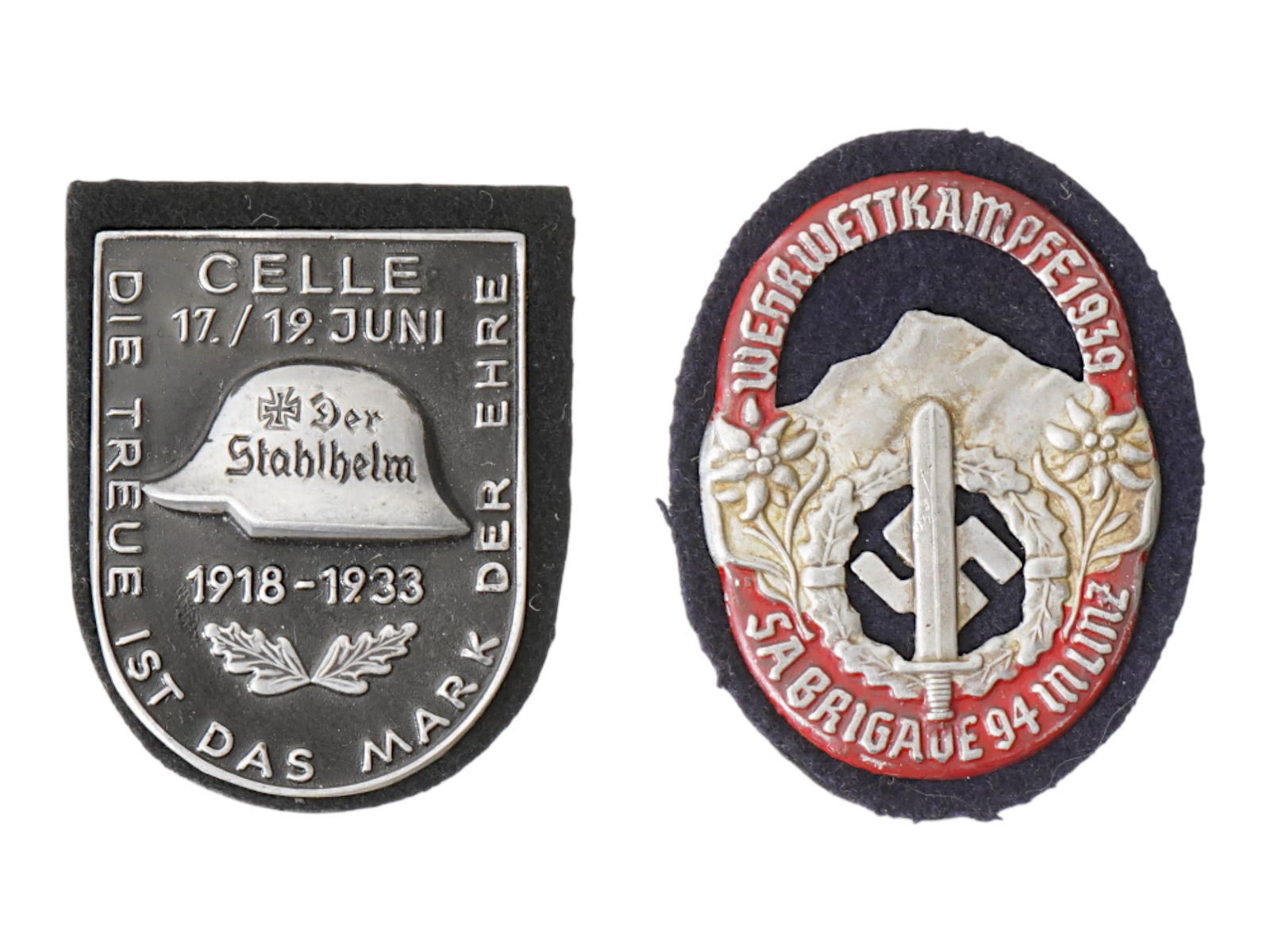 GROUP OF TWO WWI AND WWII GERMAN MODEL SHIELDS: A group of two WWI and WWII model shields. The lot includes a 1939 SA Mountain Troops shield; and a memorial shield of the World War I veterans organization Steel Helmet Der Stahlhelm. World War II Hi