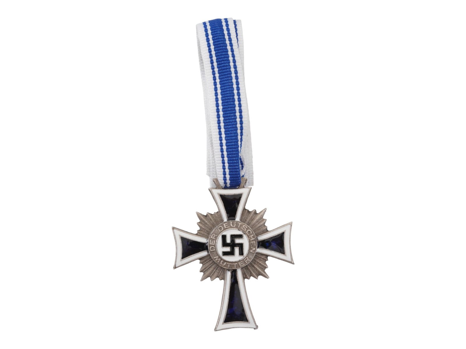 WWII NAZI GERMAN MOTHERS CROSS 2ND CLASS IN SILVER: A WWII Nazi German Mothers Cross, 2nd class in silver. Features a slender elongated form of the Iron Cross and very similar in design to the Marian Cross of the Teutonic Order, enameled translucent bl