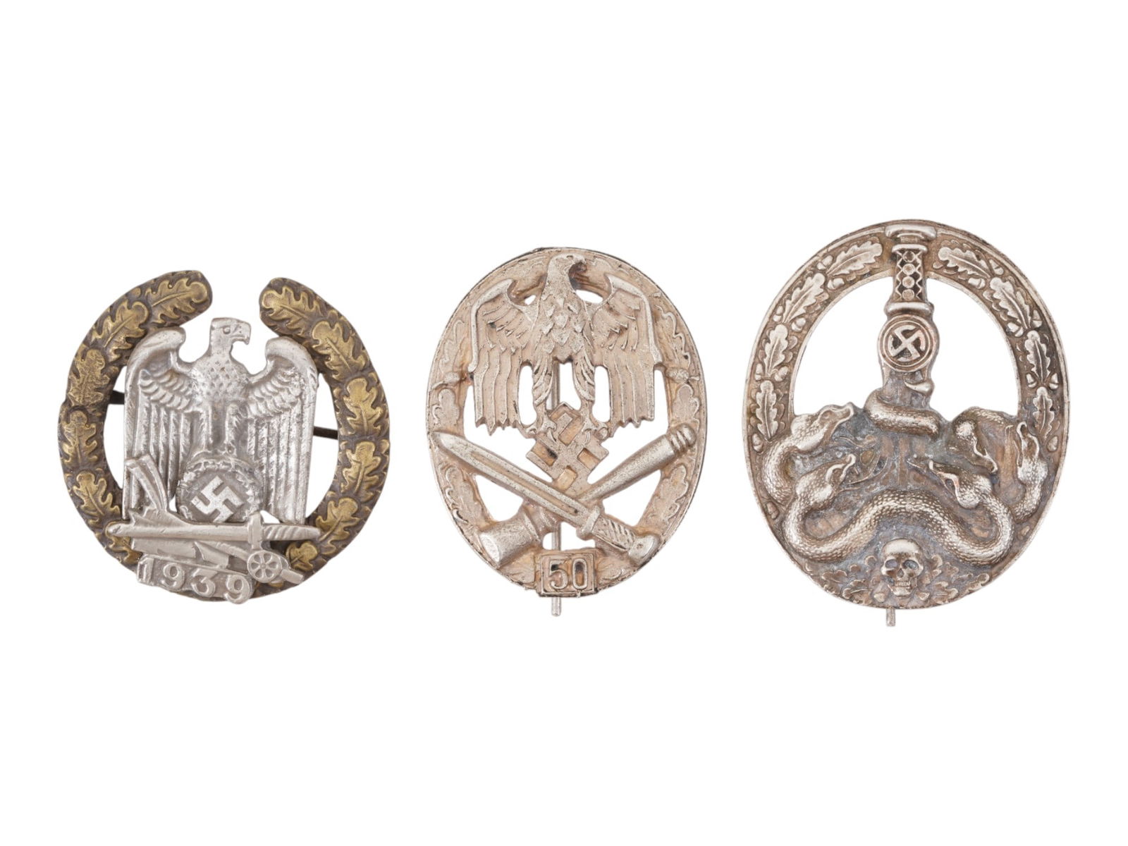 LOT OF GERMAN WWII TYPE ASSAULT 50 ANTI PARTISAN BADGES: A lot of three Nazi German WWII type badges. The lot includes an Army General Assault 50 Assaults, Anti Partisan Warfare, 1939 GAU Wartheland badge. Two badges are decorated with a relief design repre