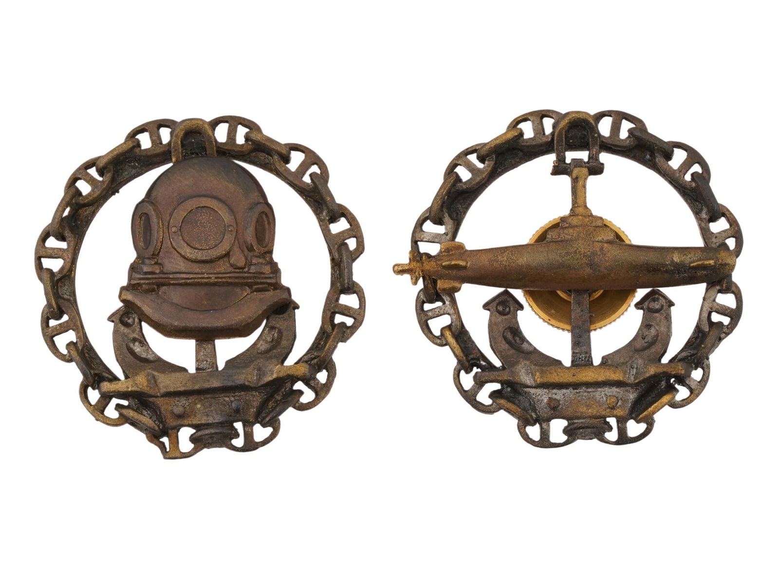 RUSSIAN IMPERIAL WWI TYPE DIVER AND SUBMARINER BADGES: A lot of two Russian Imperial WWI type Navy badges including a diver and submarine sailor badges are supposed to be the first in history. Both have screwback designs. WWI Russian Imperial Navy Submari