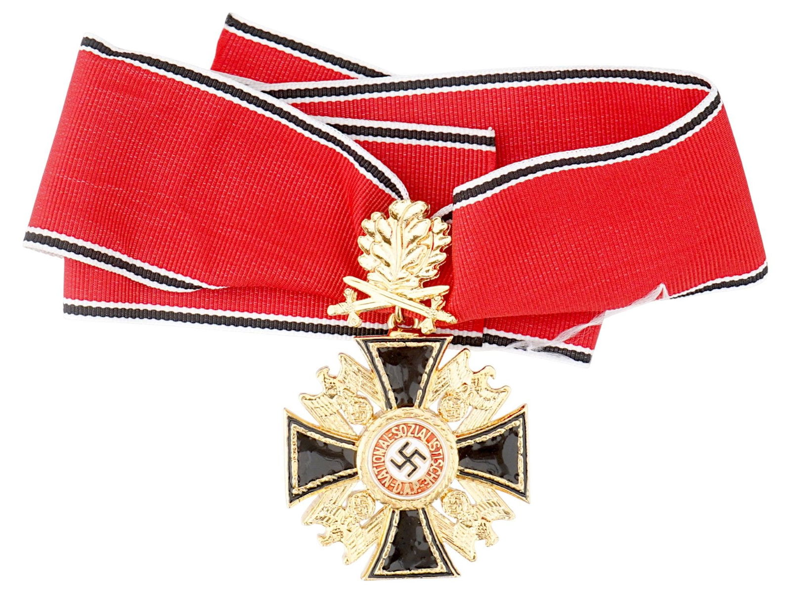 WWII TYPE GERMAN ORDER NSDAP 1ST CLASS WITH RIBBON: A WWII type insignia, the German Order or Deutscher Orden, the highest award of the Nazi Party, the second rarest award of Nazi Germany after the National Prize for Art and Science. Designed by Benno