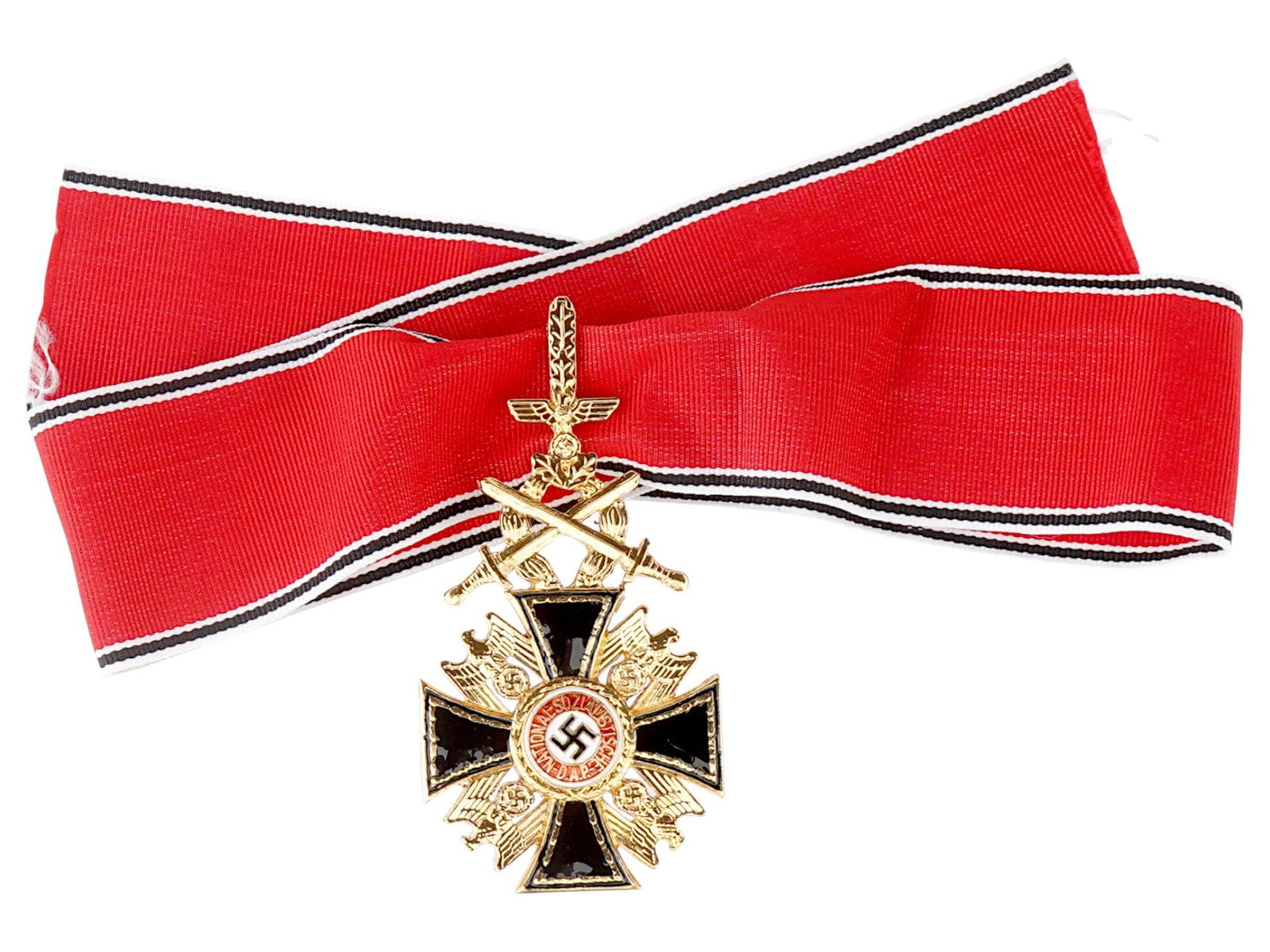 WWII TYPE GERMAN ORDER NSDAP 1ST CLASS WITH RIBBON: A WWII type insignia, the German Order or Deutscher Orden, the highest award of the Nazi Party, the second rarest award of Nazi Germany after the National Prize for Art and Science. Designed by Benno