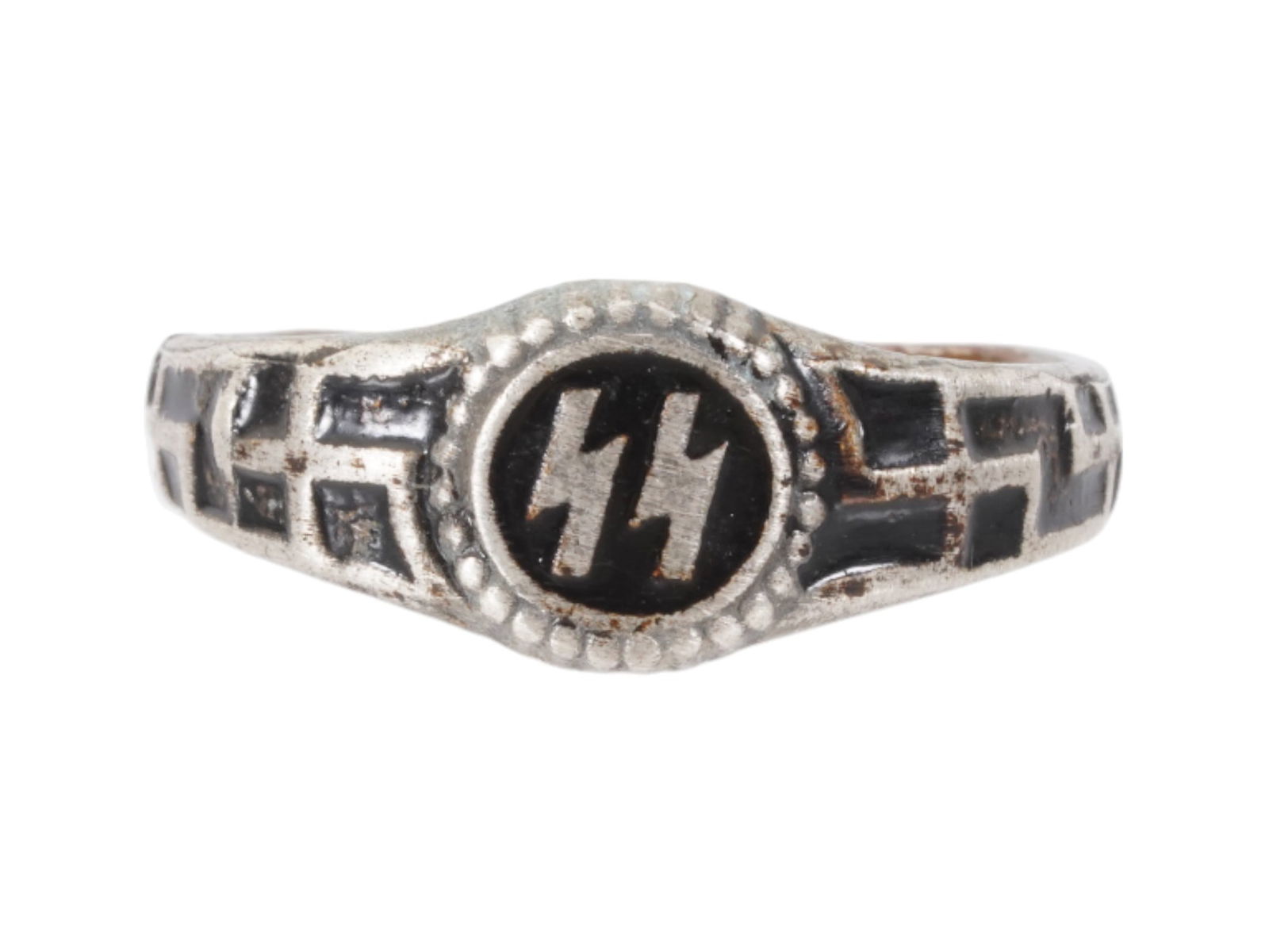 WWII MODEL NAZI GERMAN SS RUNES SIGNET RING: A World War II type German Waffen SS signet ring. Black enameled SS runes on the crown. Marked SS on the inside. Presumably made of silver. Total Weight: 3.8 grams. Second World War Third Reich Histor