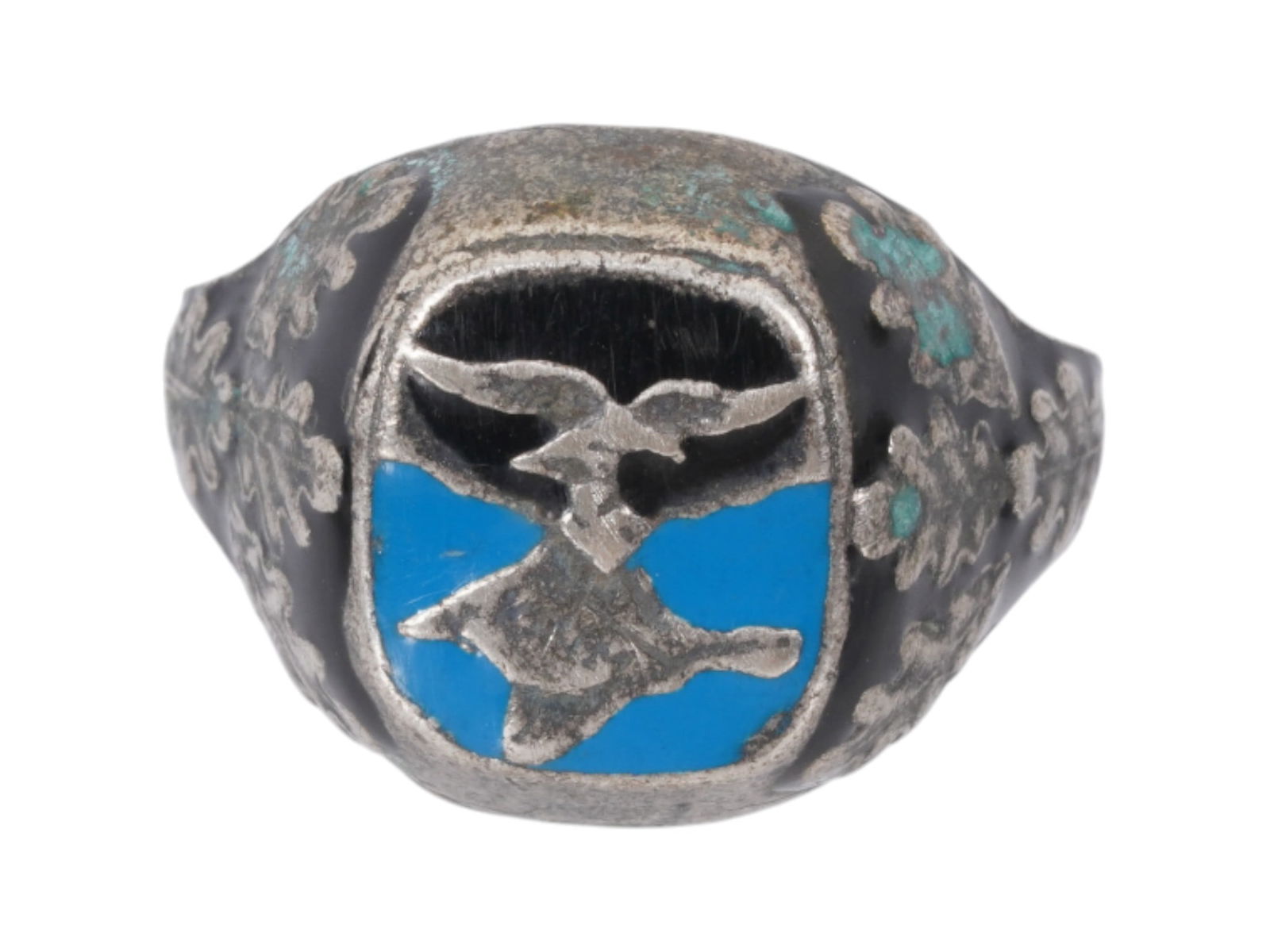 WWII STYLE NAZI GERMAN LUFTWAFFE PILOTS SIGNET RING: A World War II style Nazi German Luftwaffe pilots silver signet ring. Enameled Reichsadler and oak leaves design. Marked 800 on the inside. Total Weight: 6.5 grams. Second World War Third Reich Histor