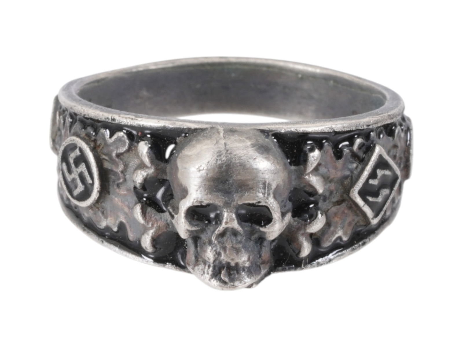GERMAN WWII TYPE AHNENERBE SILVER ENAMEL RING: A WWII type Nazi German Third Reich SS Secret Society Ahnenerbe Members silver enamel ring. The ring is covered with gray enamel, adorned with relief oak leaves, SS runes, and swastika insignias to th