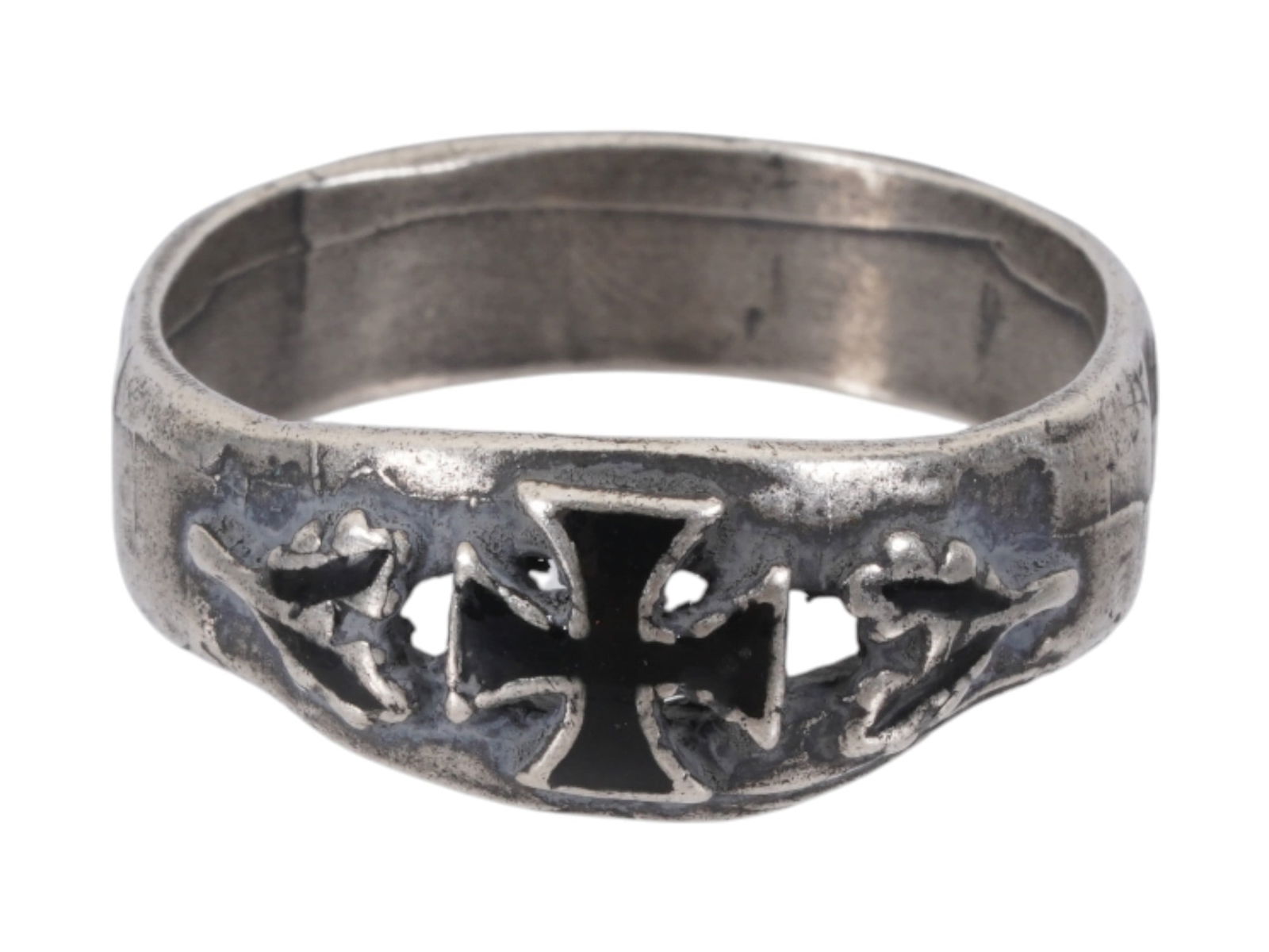GERMAN WWII MODEL IRON CROSS SILVER ENAMELED RING: A WWII model Nazi German Third Reich Iron Cross Winners silver enameled ring. The ring is adorned with an engraved image of an Iron Cross, covered with enamel in black. Marked with an 800 Silver hallm