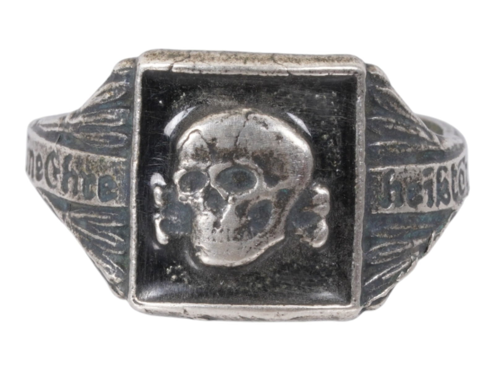GERMAN WWII TYPE WAFFEN SS TOTENKOPF SILVER RING: A WWII type Nazi German Third Reich Panzer Waffen SS Totenkopf division officer Silver ring. The ring is adorned with engraved patterns and an enameled image of a skull, a Totenkopf swastika insignia.