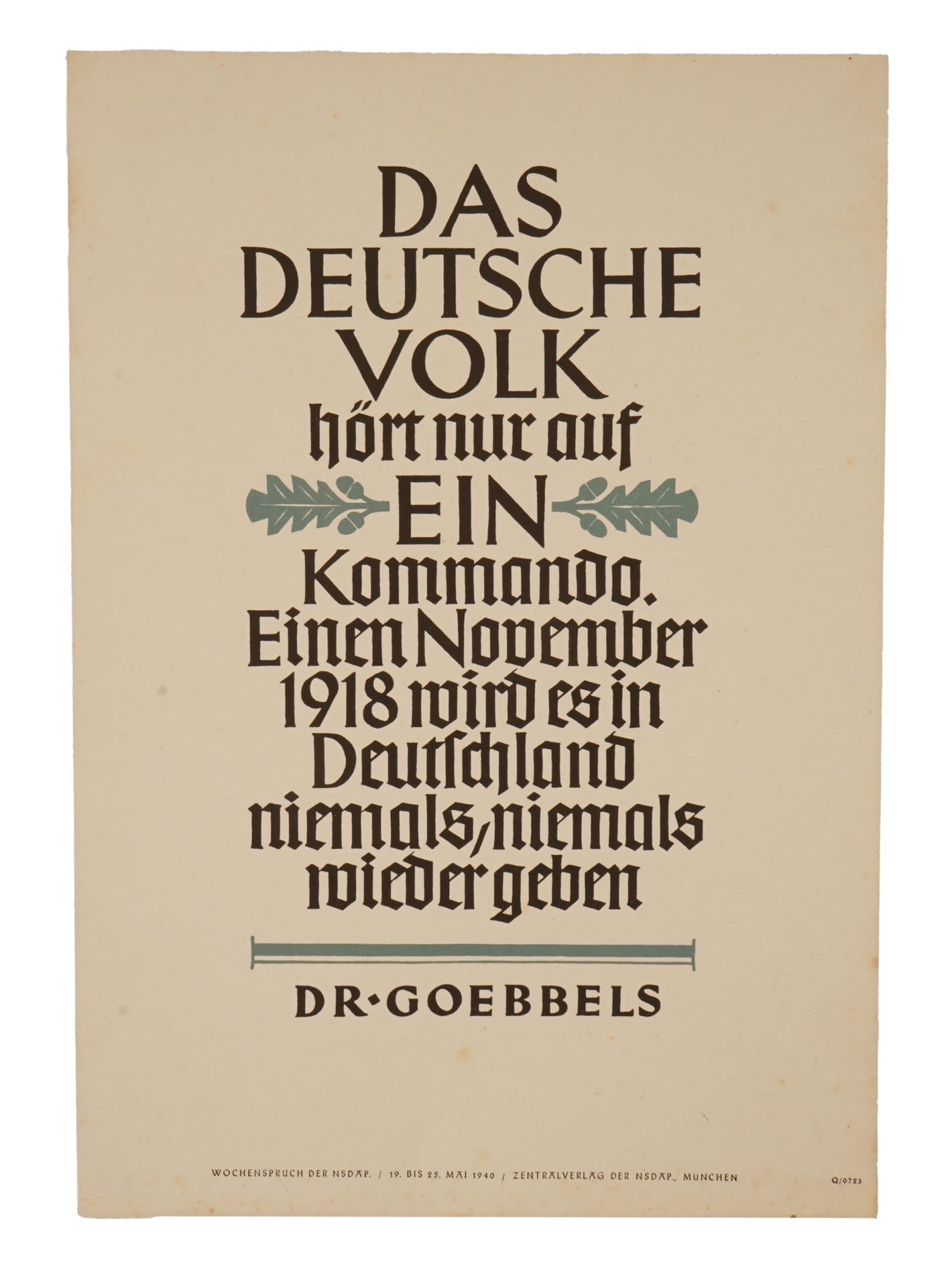 ORIGINAL GERMAN WWII 1940 POSTER QUOTING JOSEPH GOEBBELS (1 of 3)