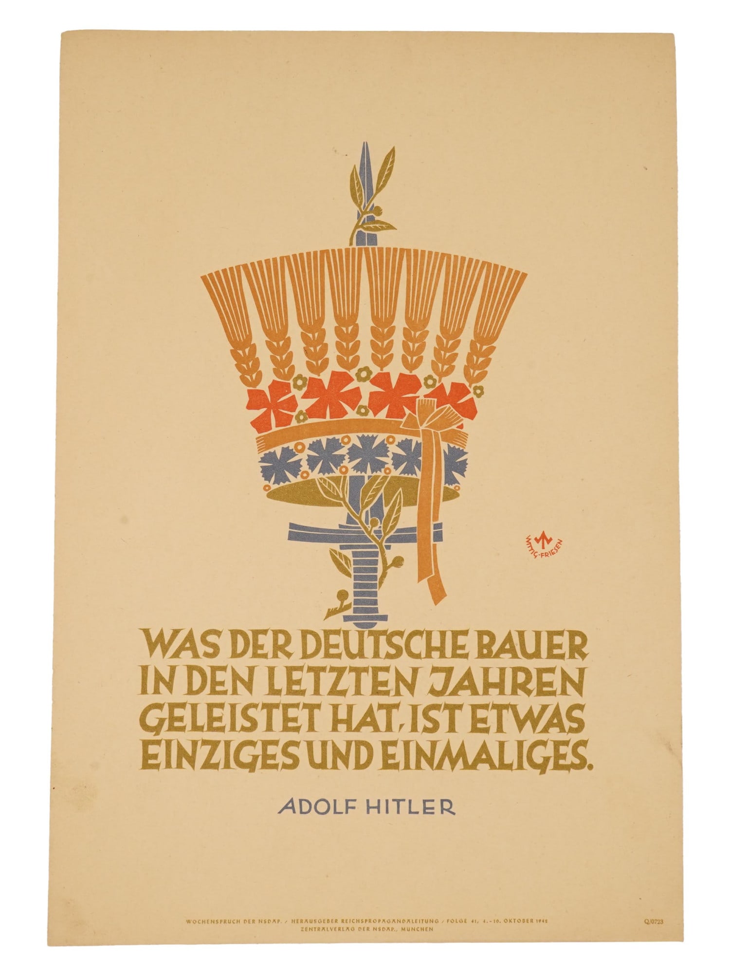 WWII NAZI GERMAN THIRD REICH PROPAGANDA POSTER HITLER: A WWII Nazi German Third Reich propaganda poster, issued as part of the Wochenspruch der NSDAP series, a wall newspaper published between 1937 and 1944. These posters featured quotations attributed to