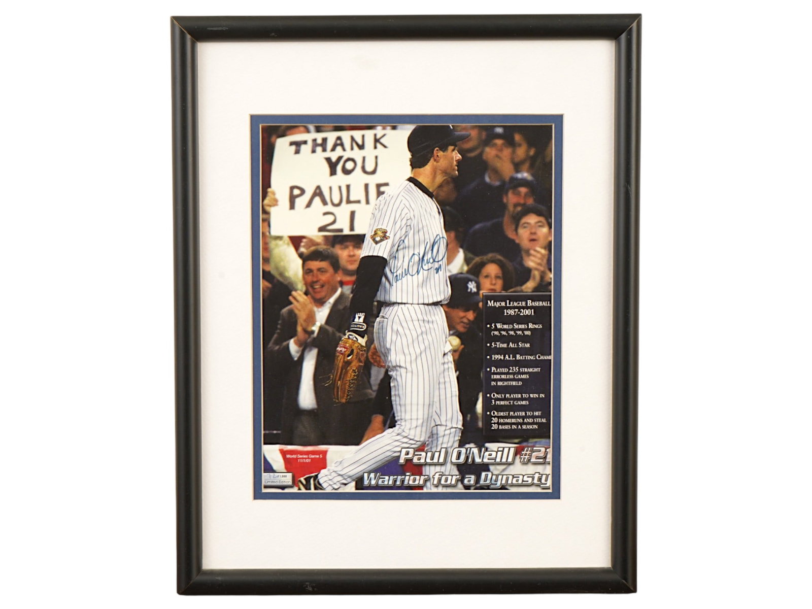 PAUL ONEILL WS AUTOGRAPHED PRINT: A commemorative "Warrior for a Dynasty" print signed by Paul O'Neill, listing his five World Series championships. The artwork serves as a tribute to his impactful career with the Yankees. Yankees, Wo