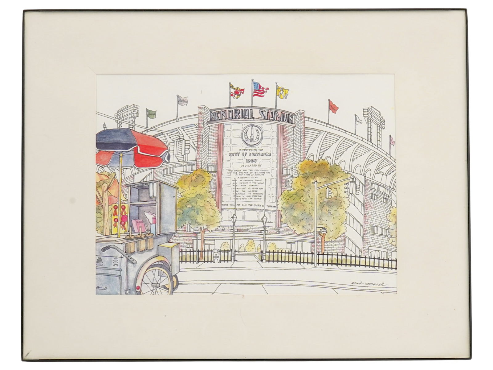 BALTIMORES MEMORIAL STADIUM PRINT BY ENID ROMANEK: A watercolor and ink print depicting Baltimores Memorial Stadium by artist Enid Romanek, known for her finely detailed architectural drawings and cityscape prints, particularly of historic landmarks i