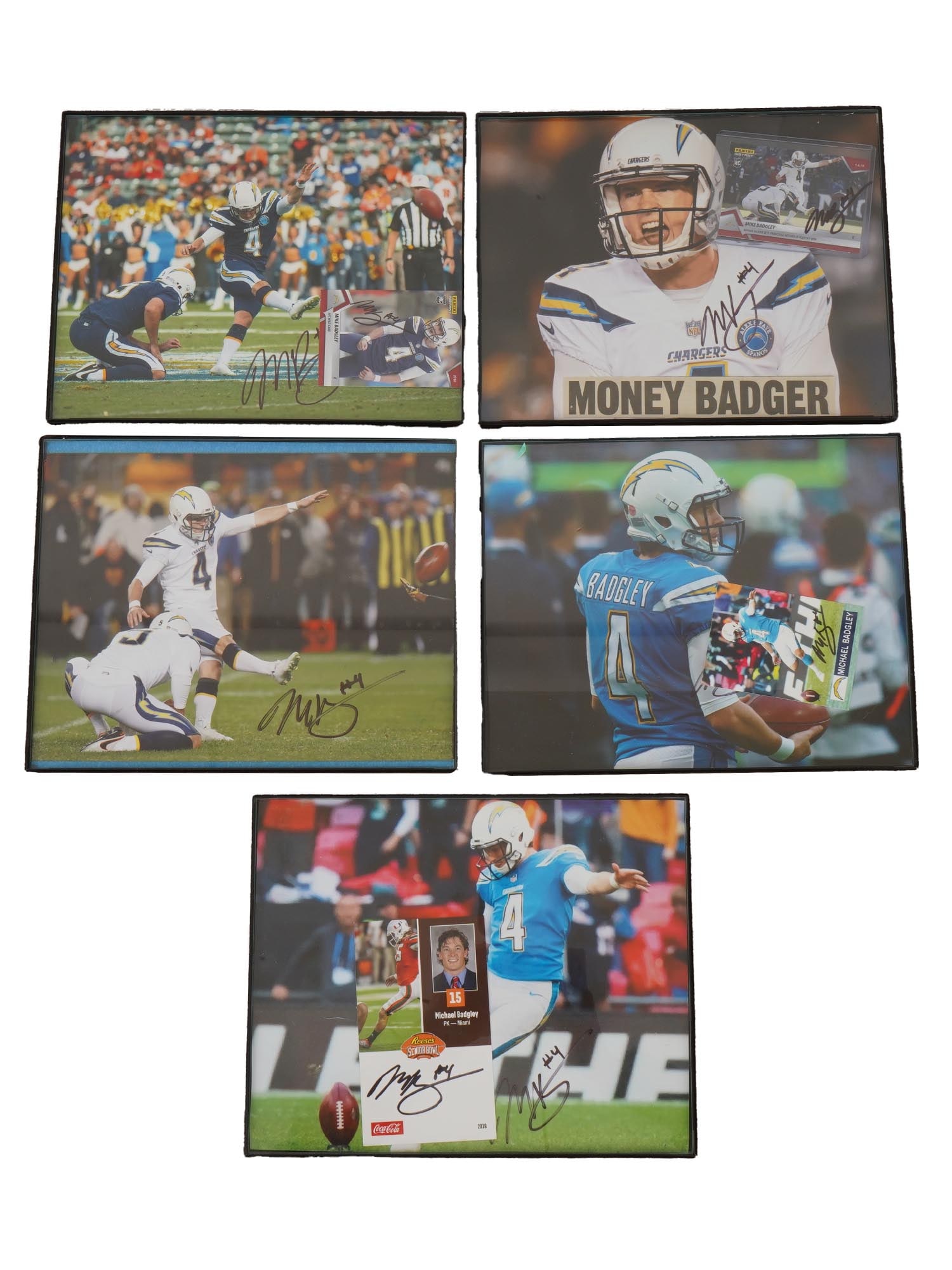 GROUP OF MICHAEL BADGLEY SIGNED PHOTO PRINTS: A lot of 5 photo prints on board featuring Michael Badgley, born 1995, an American professional football placekicker who played for Miami Hurricanes, Los Angeles Chargers, Chicago Bears, and Detroit L