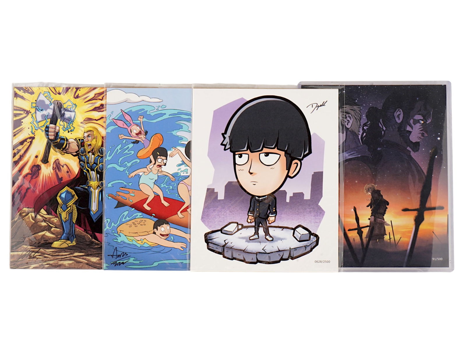 FOUR BAM LIMITED EDITION ART PRINTS W COA: A lot of four Bam limited edition art prints. The lot includes a Shigeo Kageyama Mob Psycho 100 fan art print. Limited edition 0628 of 2500. Vinland Saga anime art print. Limited edition 91 of 500. Bo