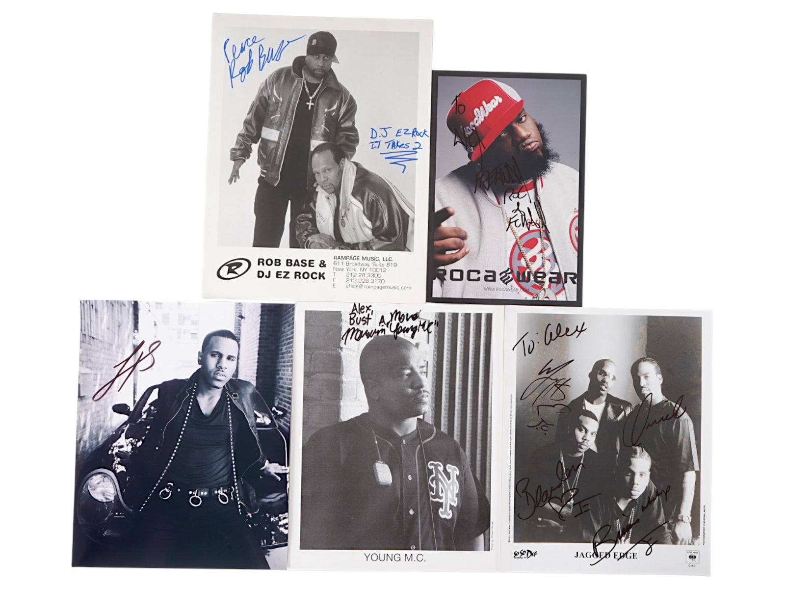 LOT OF 5 HIP HOP AND R&B AUTOGRAPHED PHOTOS: A unique lot of five autographed items from R&B and Hip Hop artists, including signatures from DJ EZ Rock, Rob Base, and members of Jagged Edge. Music, Rap, 90s, Celebrity, Urban Culture, Autograph