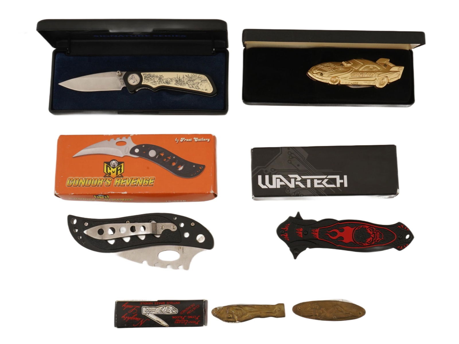 GROUP OF SIX FOLDING KNIVES OF DIFFERENT STYLES IOB: A group of six folding knives of different styles in their boxes. Including Sam Colt Scrimshaw Signature Series knife, Condors Revenge knife, John Force Action Racing Collectible Folding knife with a