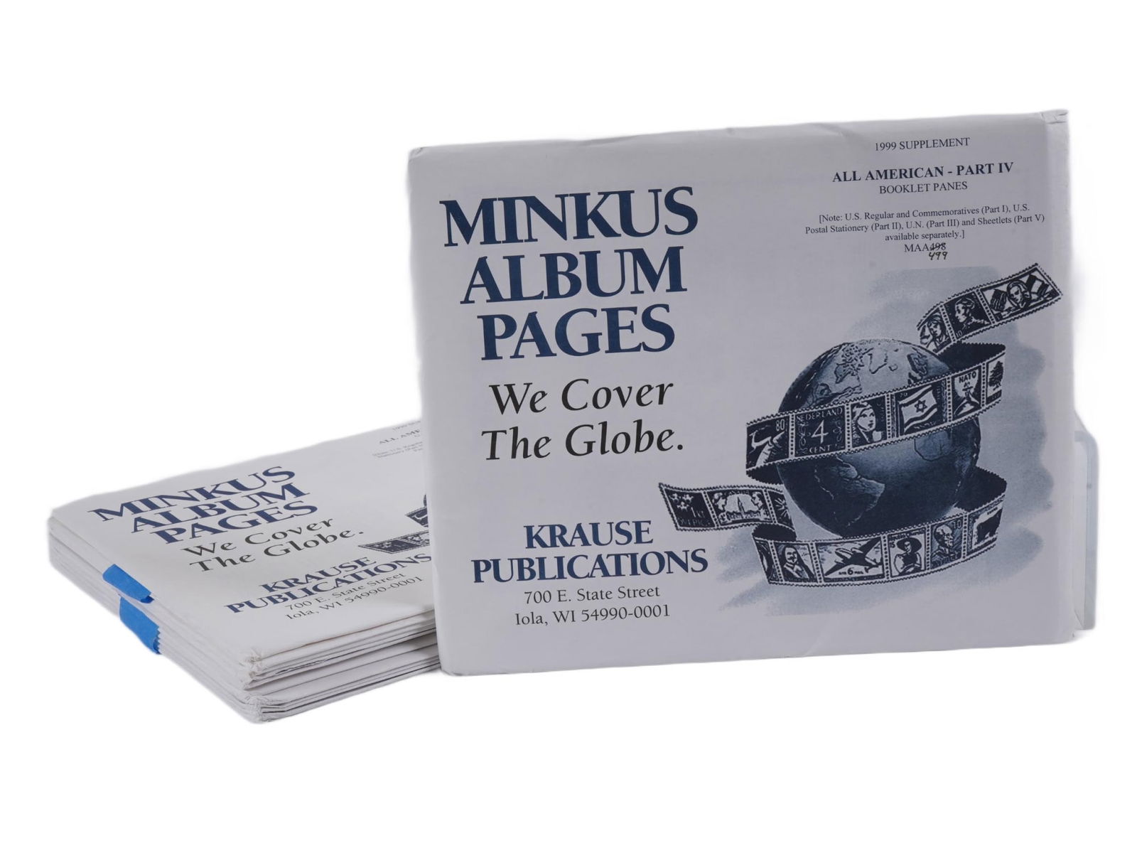 VINTAGE MINKUS ALBUM PAGES WE COVER THE GLOBE: A set of vintage Minkus Album Pages We Cover the Globe, 1999 Supplement for the All American Part IV series, and other booklet panes. These pages are designed to fit a standard 3-ring binder and were