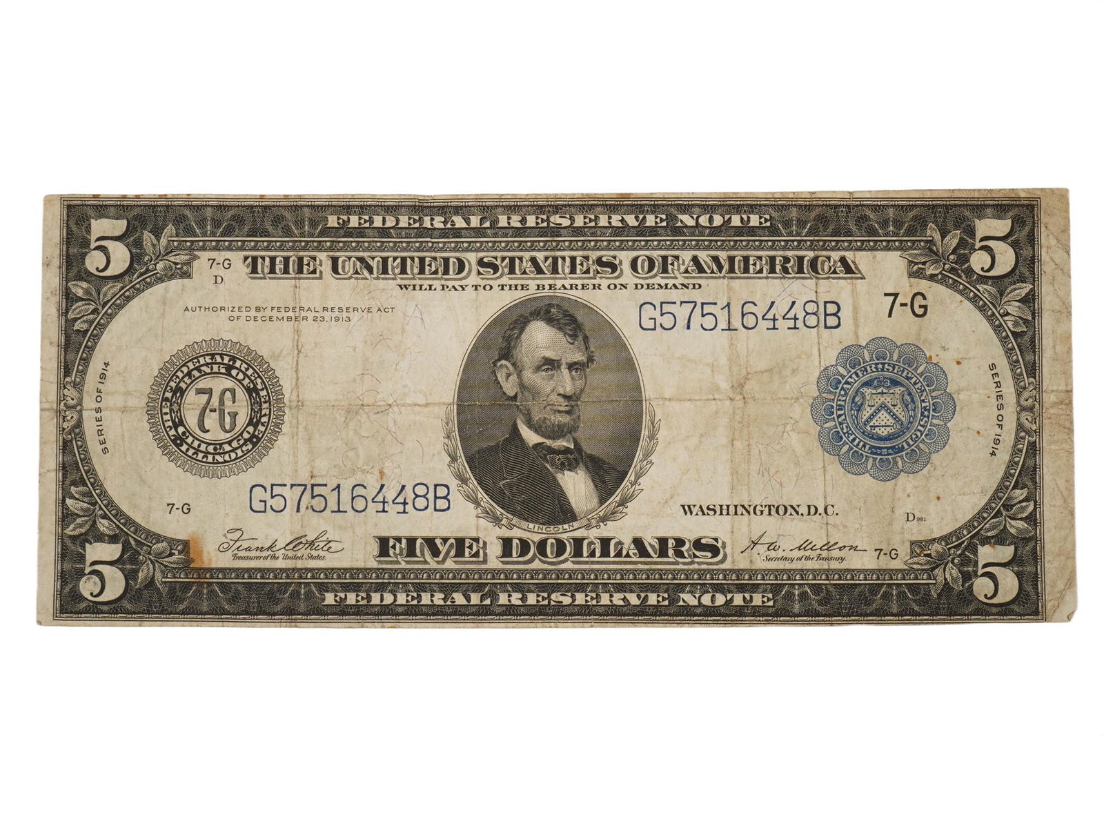 1914 US 5 DOLLARS FEDERAL RESERVE NOTE PAPER MONEY (1 of 6)