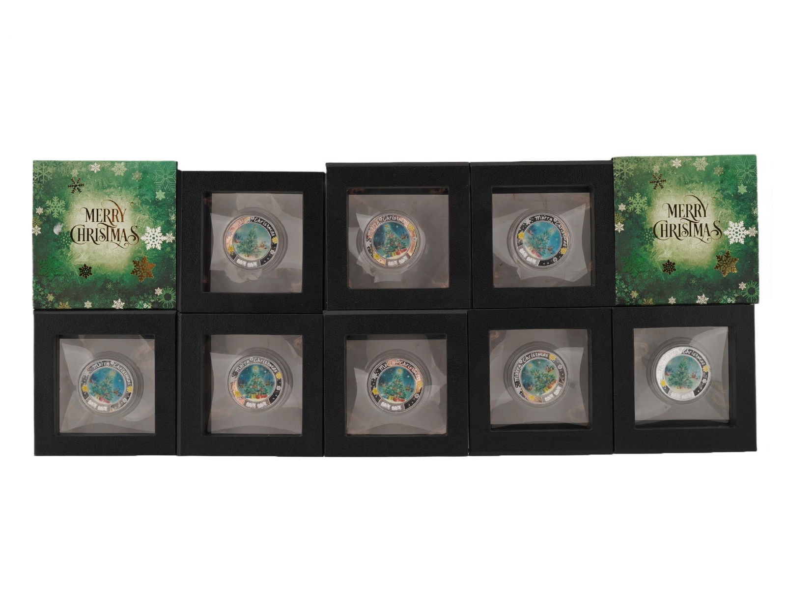 2023 SILVER NEW ZEALAND CHIRISMAS DOLLAR COINS: A group of eight modern silver commemorative coins, each with a face value of 1 New Zealand Dollar and issued in 2023, struck for Niue. Composed of 1 troy ounce of fine silver, with the obverse bearin