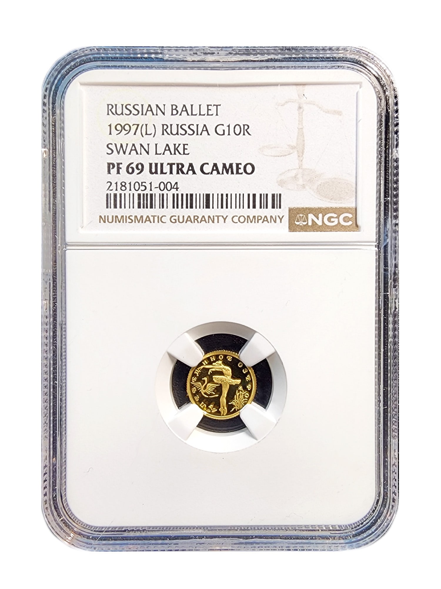 RUSSIA 10 ROUBLES 1997 GOLD BALLET NGC PF69: Gold 10 Roubles 1997 - "Swan Lake Ballet". Weight: 1.61 g, diameter: 12 mm, thickness: 1 mm, composition: gold (.999). Rare mintage only: 2500. THIS LOT QUALIFIES FOR A 30-DAY UNCONDITIONAL RET