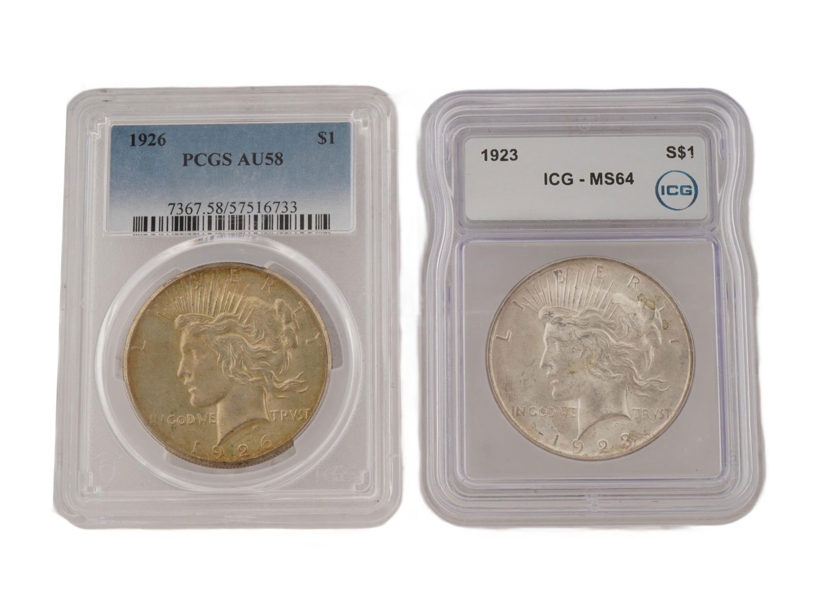 LOT OF TWO US SILVER PEACE DOLLARS GRADED BY PCGS ICG (1 of 3)