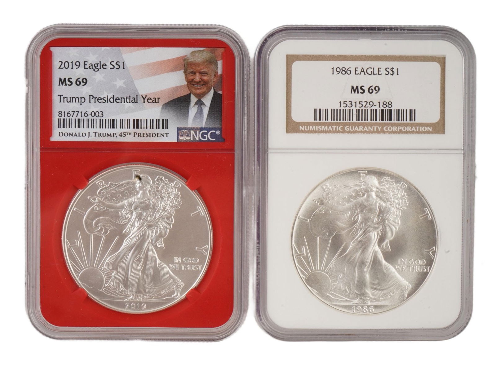 1986 2019 GRADED AMERICAN SILVER EAGLE BULLION COINS (1 of 6)