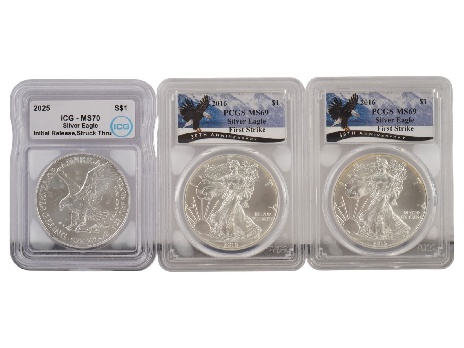 2016 AND 2025 AMERICAN SILVER EAGLE COINS MS GRADED (1 of 3)