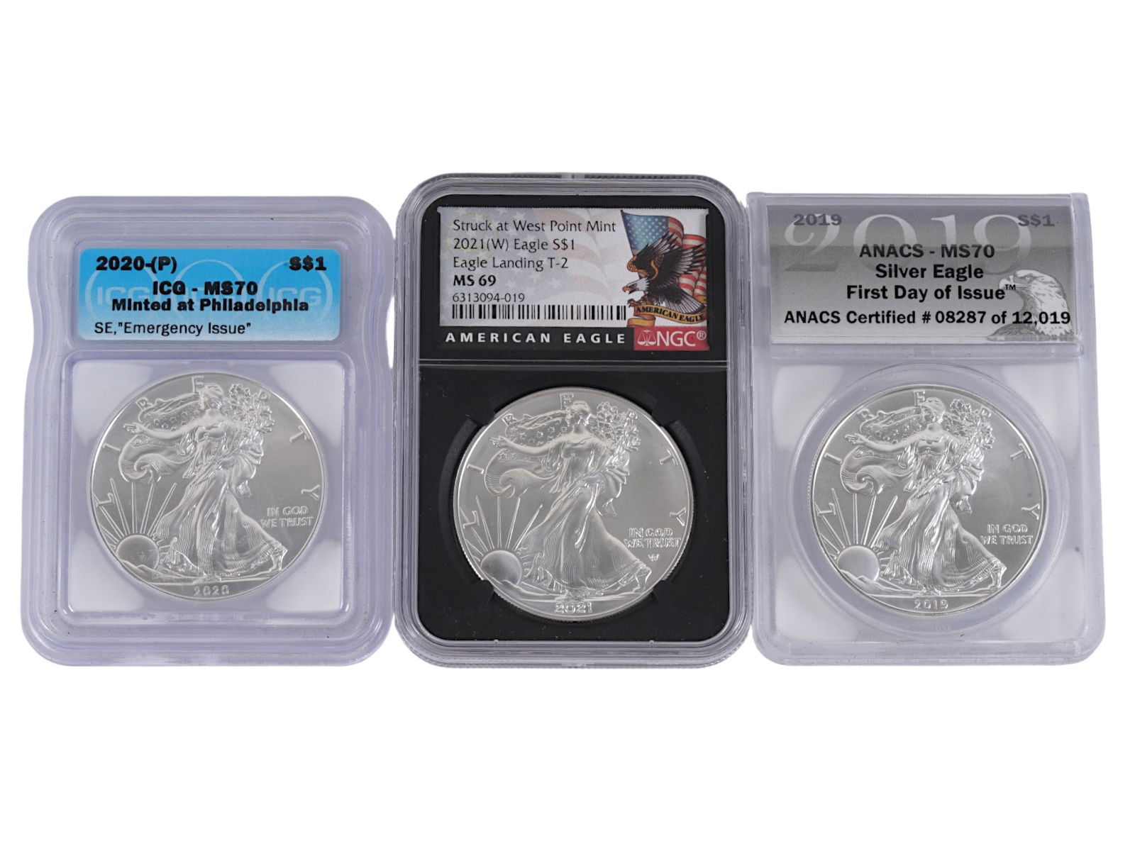 3 GRADED AMERICAN SILVER EAGLE COINS 2019 TO 2021 (1 of 2)