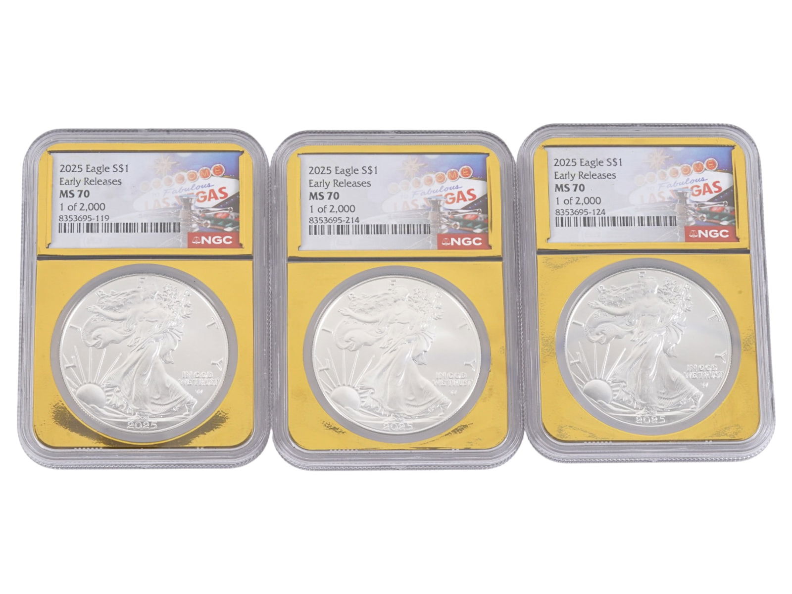 THREE GRADED AMERICAN SILVER EAGLE DOLLAR COINS (1 of 3)