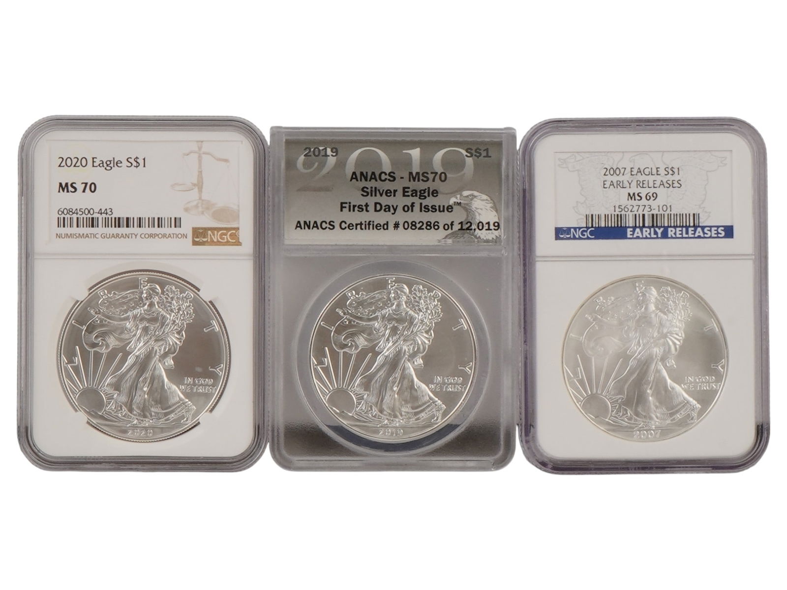 2007 2019 2020 AMERICAN SILVER EAGLE COINS MS GRADED (1 of 3)