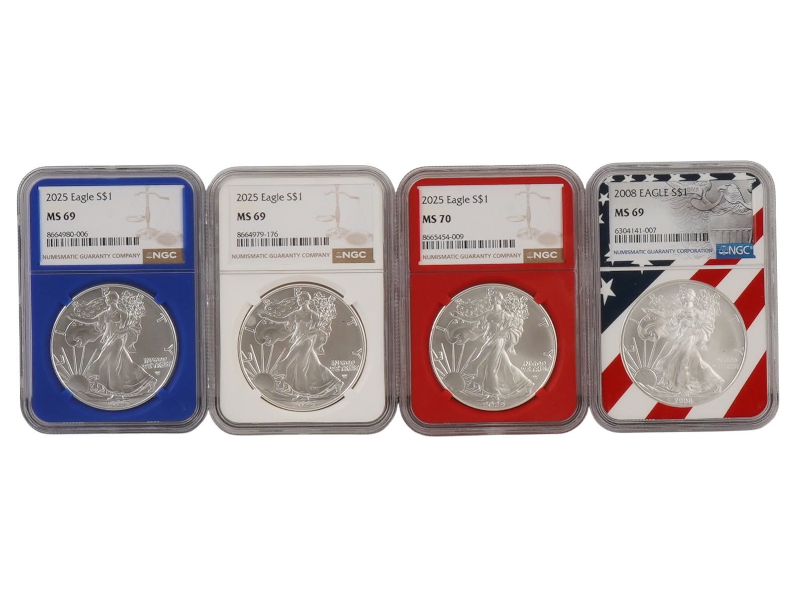 2025 AND 2008 AMERICAN SILVER EAGLE COINS MS GRADED (1 of 6)