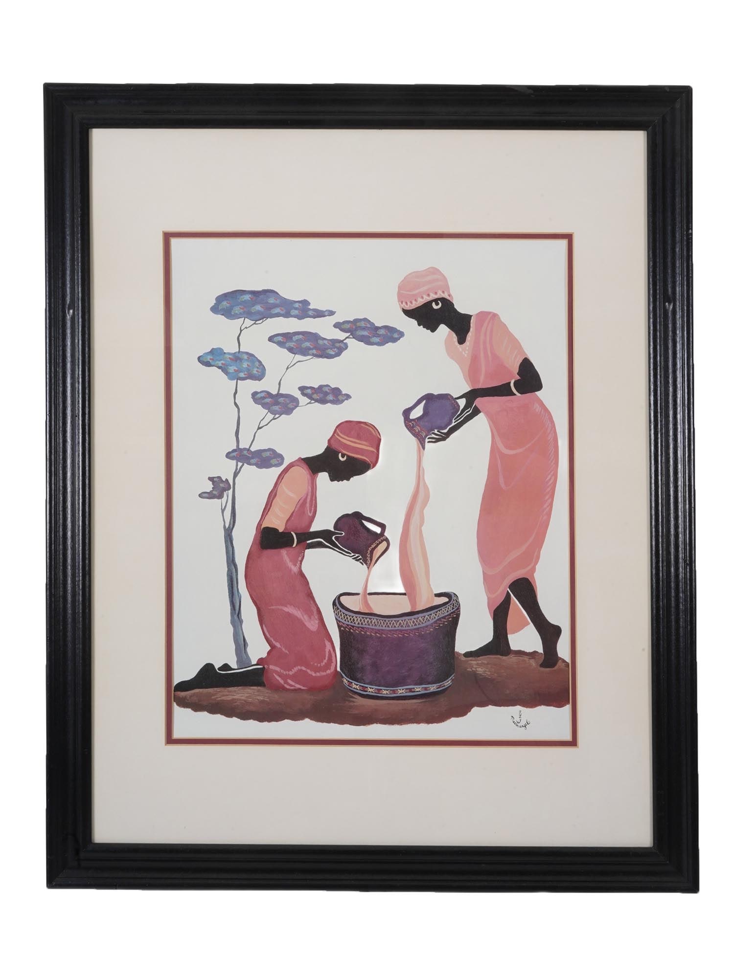 VINTAGE ETHNIC PRINT BY JUDY MASTRANGELO: A vintage colored ethnic print by Judy Mastrangelo. The artwork titled Two Women Pouring depicts an African themed genre scene. Matted and framed. Graphic Art Prints and Collectibles. THIS LOT