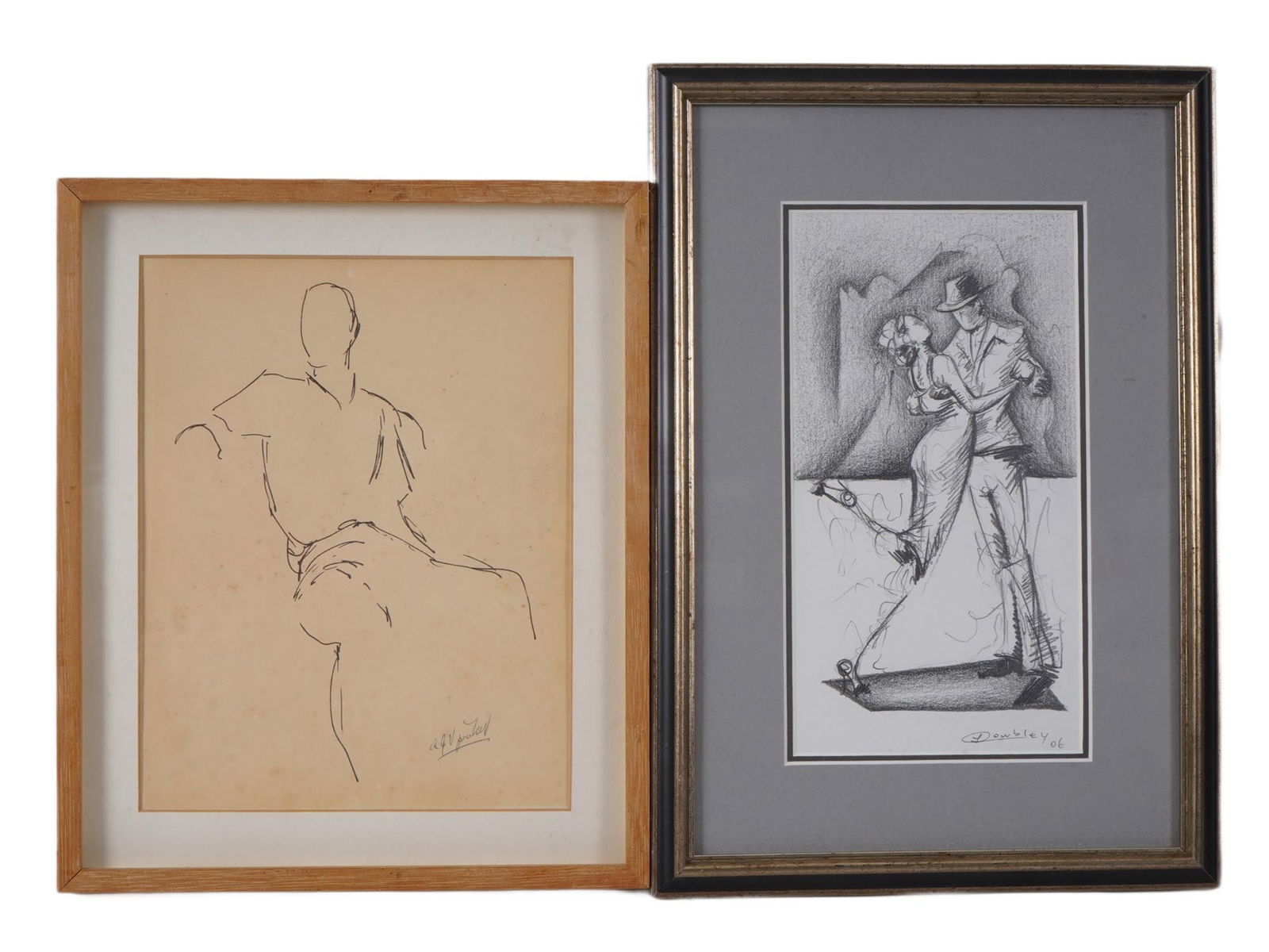 SIGNED PENCIL SKETCH AND LITHOGRAPH BY JULIAN DOWBLEY: A lot of two signed artworks on paper. The lot contains a pencil sketch painting with a male figure. Signed with illegible signature lower right. A lithograph by Julian E. Dowbley, 2006. The lithograp