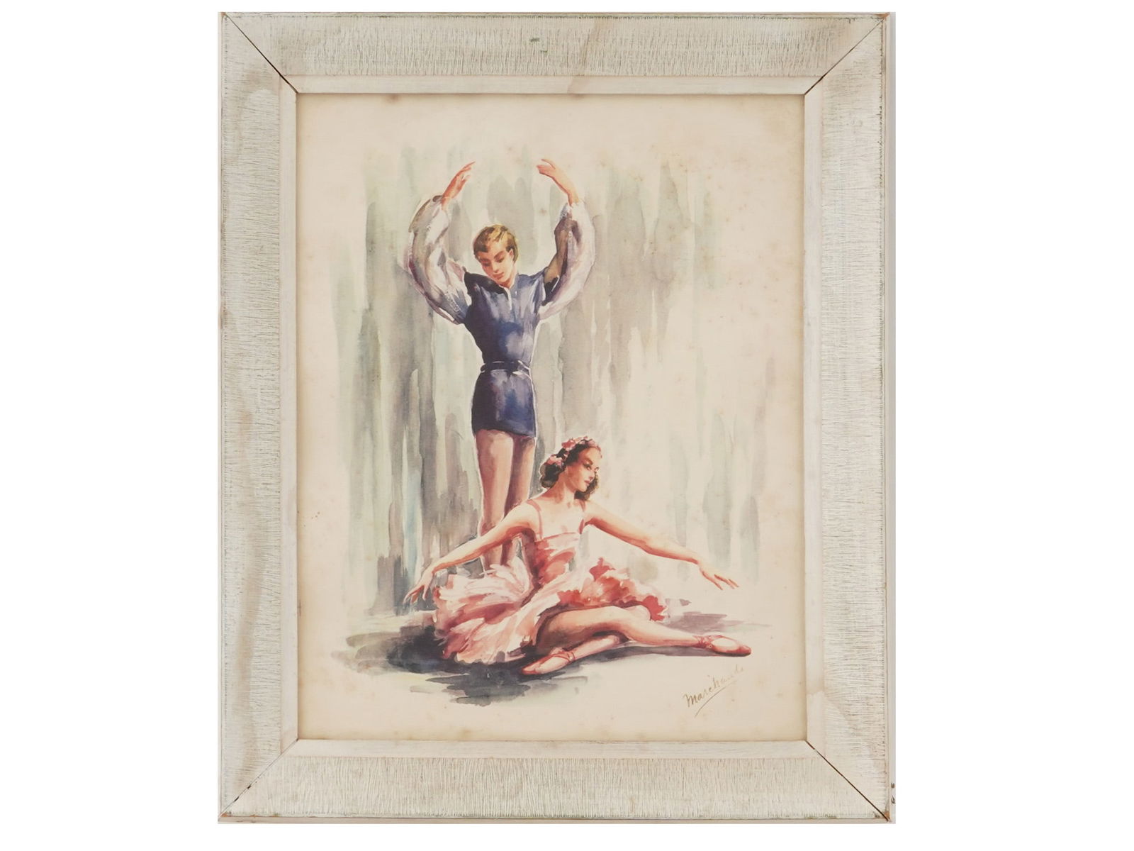 MARCHAUDE BALLET DANCERS OFFSET LITHOGRAPH: Color offset lithograph on paper. The print depicts two ballet dancers. Signed by the artist in plate, Marchaude. Framed. Collectible Graphic Art Prints And Wall Decor. THIS LOT IS ELIGIBLE FOR