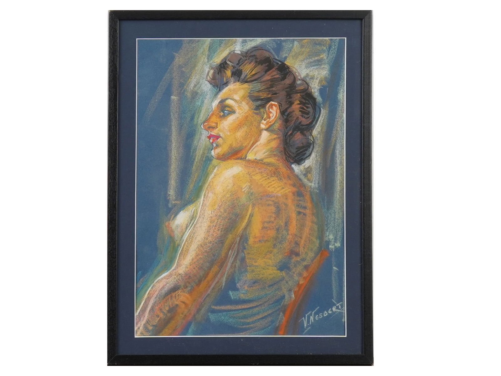 AMERICAN PORTRAIT PASTEL PAINTING BY VINCENT NESBERT: Vincent Nesbert, American, 1898 to 1976, a pastel painting on paper depicting a portrait of a nude woman. Signed lower right. Framed. Vincent Nesbert is an American painter, known for Portrait, figure