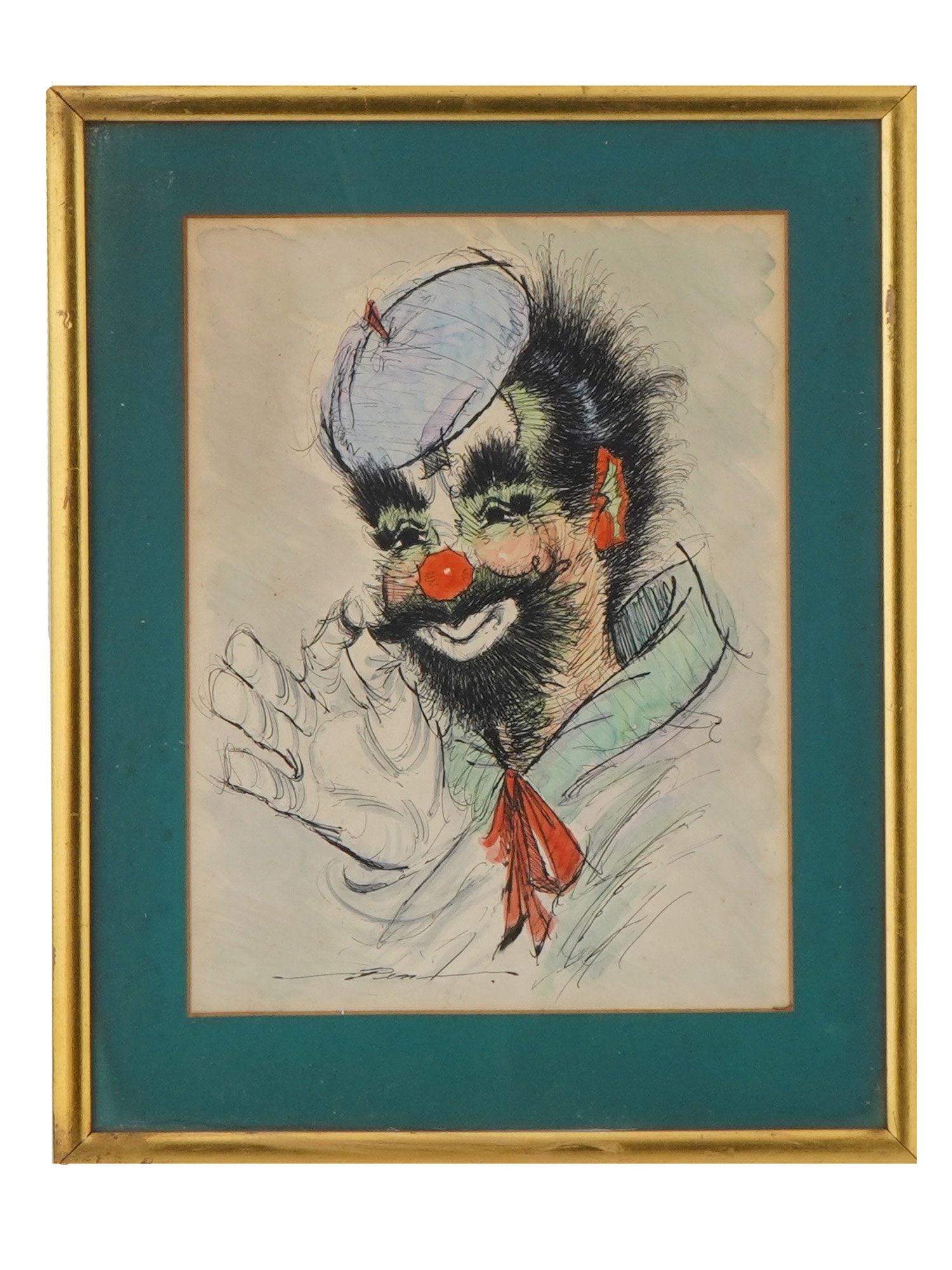 CLOWN PORTRAIT MIXED MEDIA PAINTING SIGNED PEN: Ink and watercolor on paper painting. The artwork depicts a portrait of a clown. Signed by the artist in the lower left, Pen. Mid-20th century. Matted and framed. Collectible Graphic Art, Portraiture.