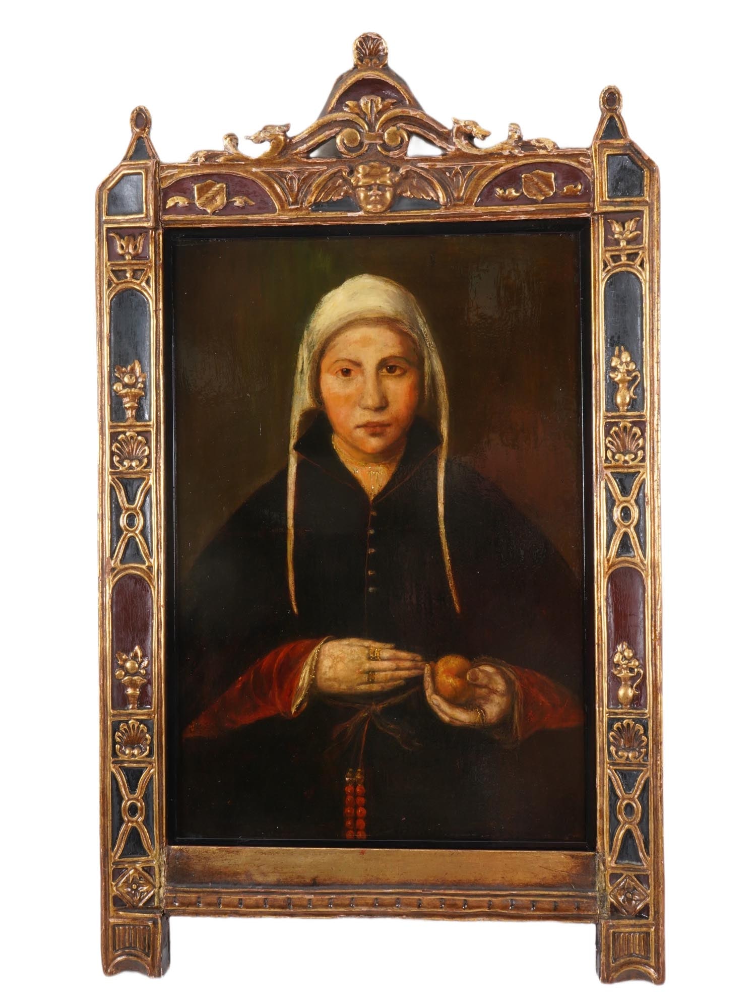 STYLE OF MAARTEN VAN HEEMSKERCK OIL PORTRAIT PAINTING: An oil on board portrait painting in the style of Maarten van Heemskerck, 1498 to 1574. The original artwork is titled Portrait of a young lady, holding a piece of fruit in her hand. Untitled. Framed.