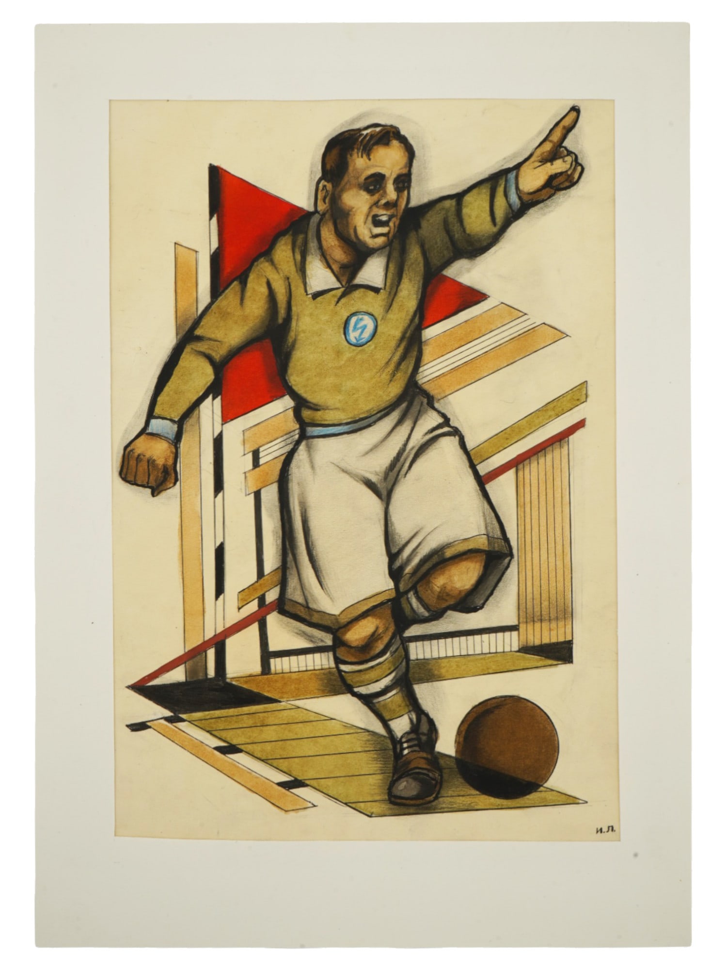 RUSSIAN SPORT MIXED MEDIA PAINTING BY IGOR LIBERMAN: Igor Liberman, Russian, Soviet era, born 1953, mixed media painting on paper depicting a Constructivist composition with a portrait of a Soviet football player. Signed with initials, lower right. Matt